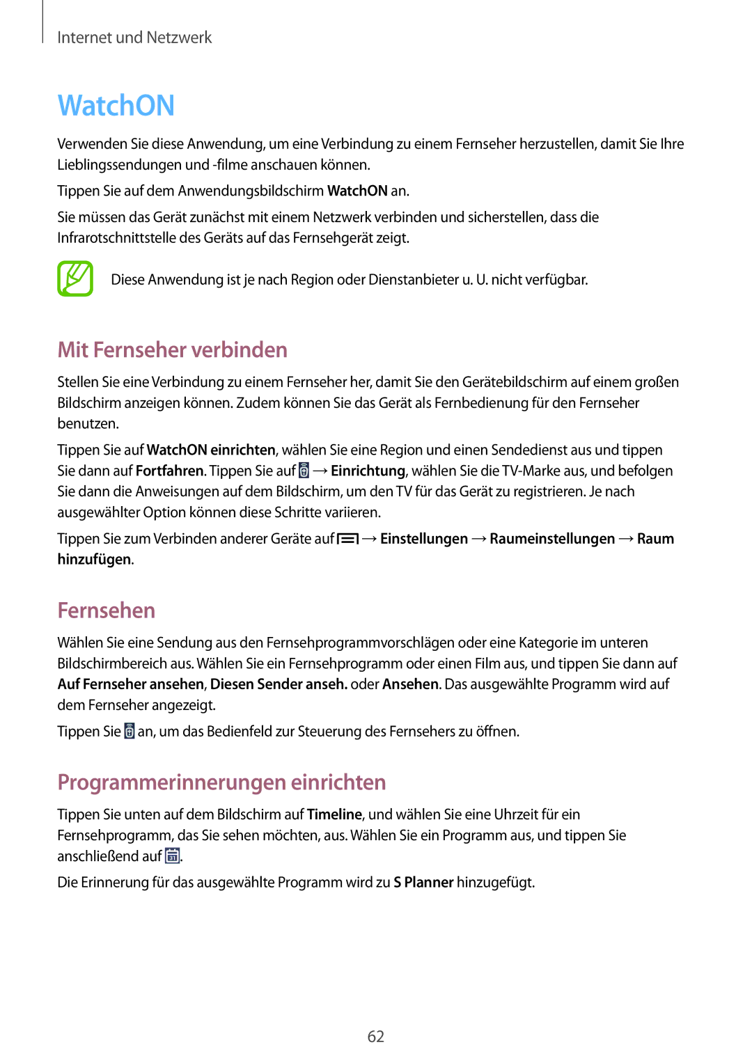 Samsung SM-P6000ZKAXEF, SM-P6000ZWAXEO manual WatchON, Mit Fernseher verbinden, Fernsehen, Programmerinnerungen einrichten 