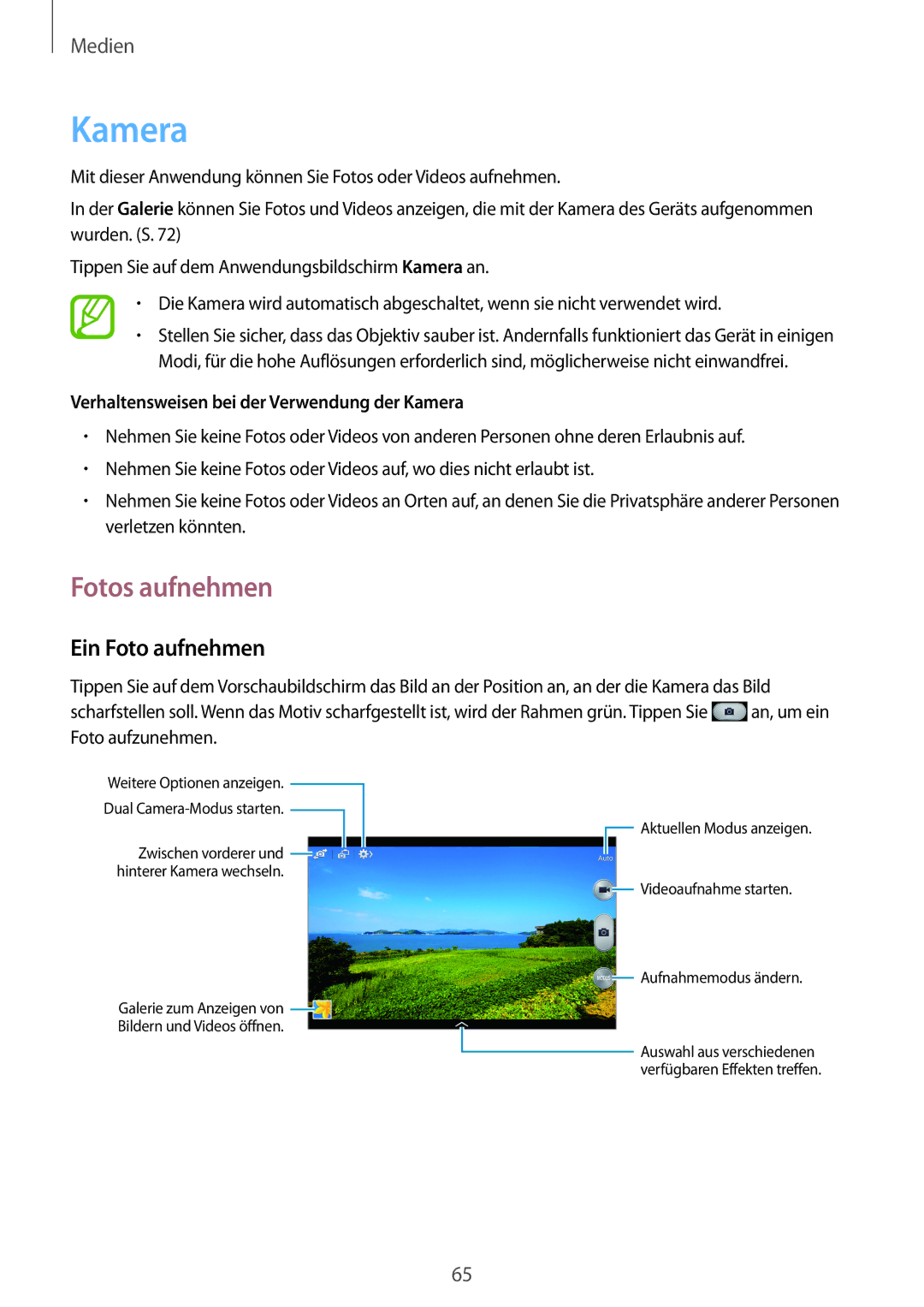 Samsung SM-P6000ZKEDBT, SM-P6000ZWAXEO, SM-P6000ZKAEUR, SM-P6000ZKAATO manual Kamera, Fotos aufnehmen, Ein Foto aufnehmen 