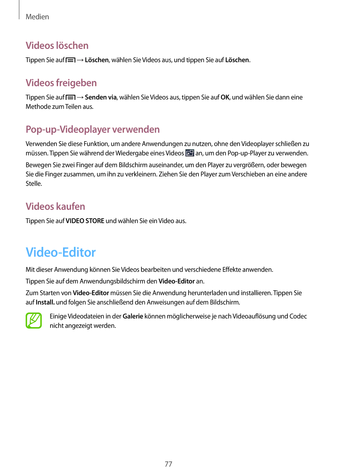 Samsung SM-P6000ZWEDBT manual Video-Editor, Videos löschen, Videos freigeben, Pop-up-Videoplayer verwenden, Videos kaufen 