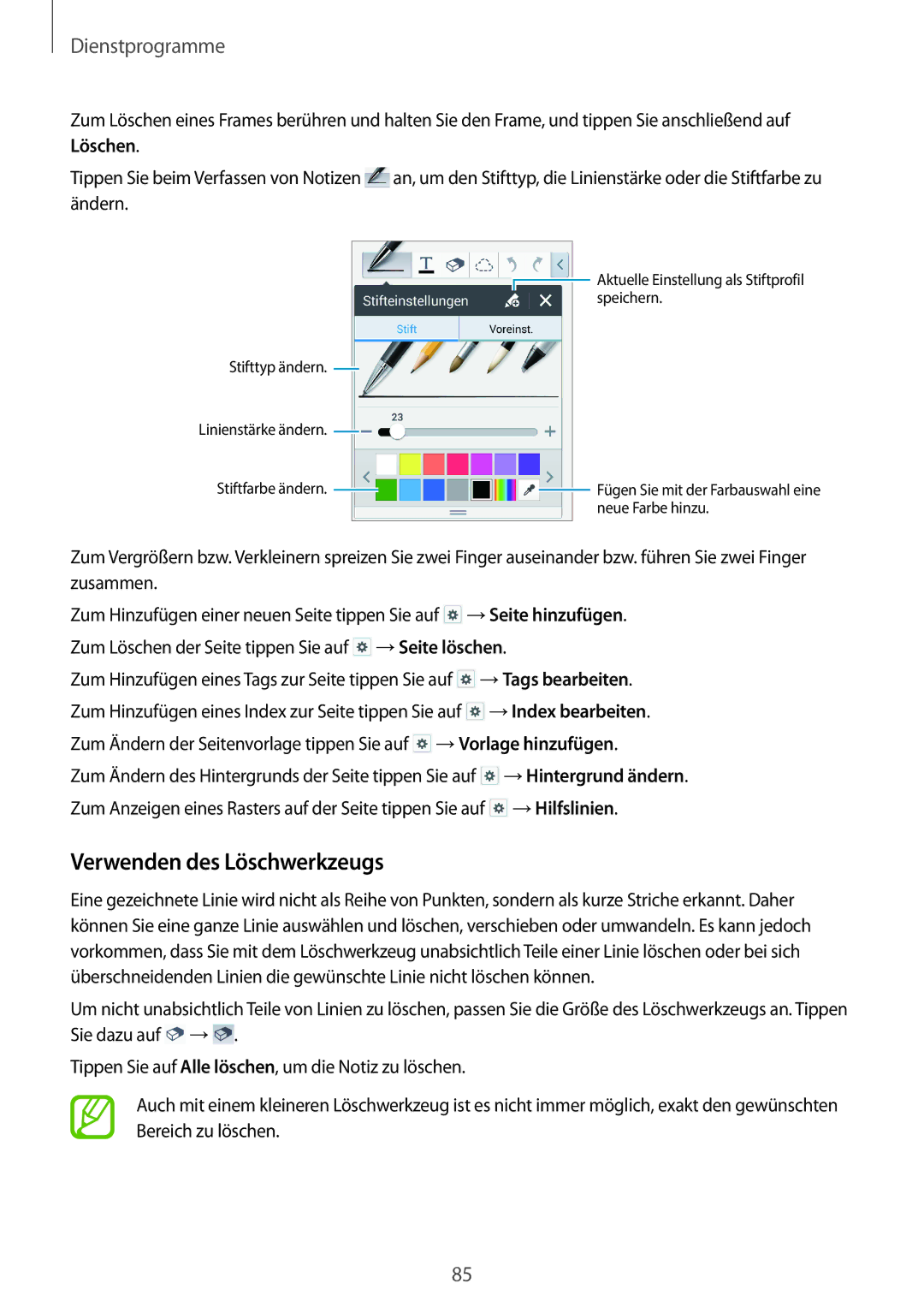 Samsung SM-P6000ZWATPH, SM-P6000ZWAXEO, SM-P6000ZKEDBT, SM-P6000ZKAEUR manual Verwenden des Löschwerkzeugs, Dienstprogramme 