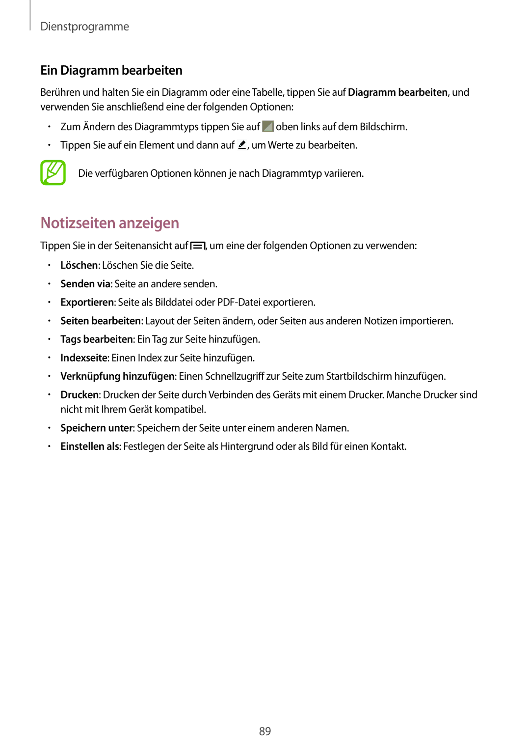 Samsung SM-P6000ZWADBT, SM-P6000ZWAXEO, SM-P6000ZKEDBT, SM-P6000ZKAEUR manual Notizseiten anzeigen, Ein Diagramm bearbeiten 