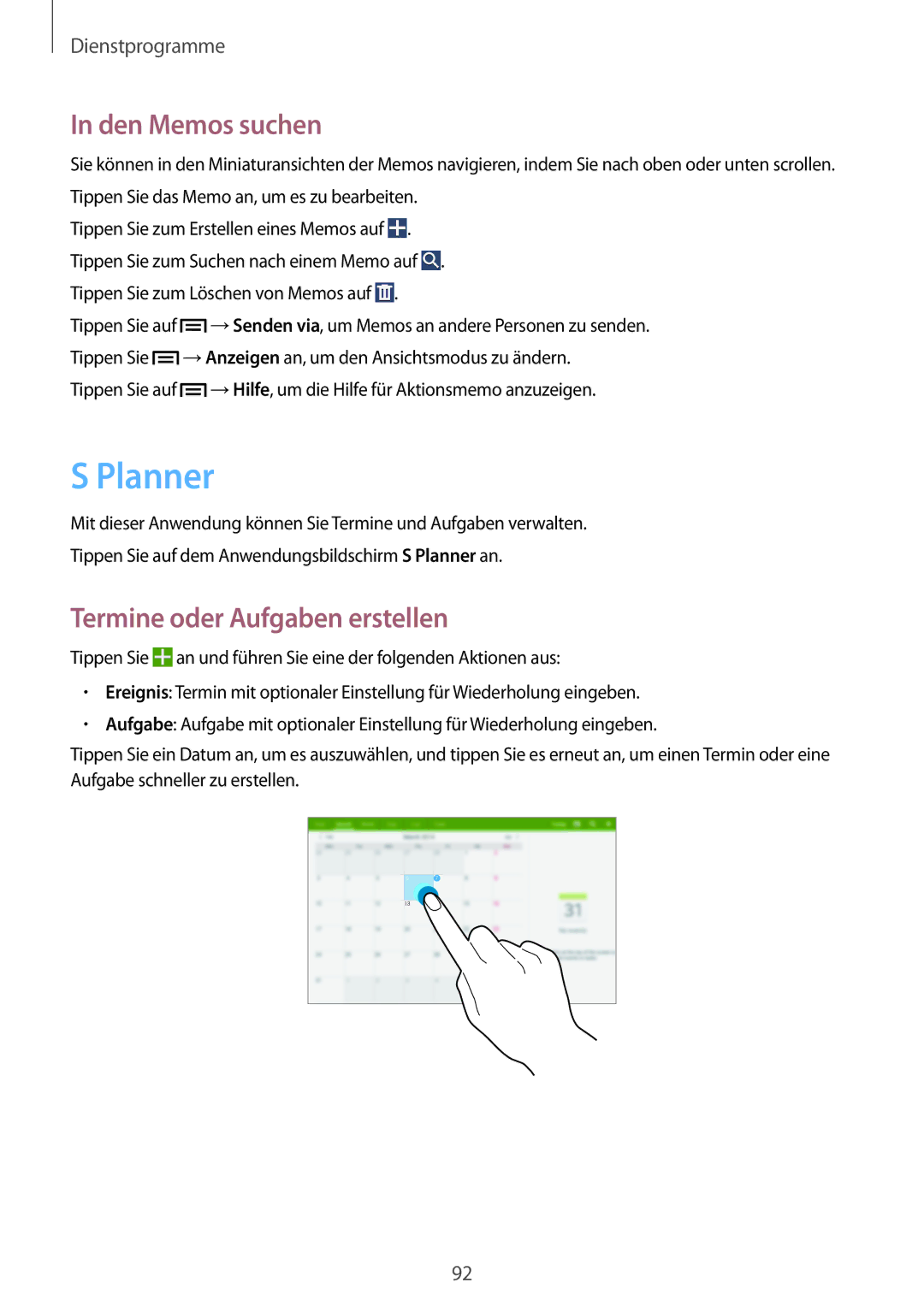 Samsung SM-P6000ZKATUR, SM-P6000ZWAXEO, SM-P6000ZKEDBT manual Planner, Den Memos suchen, Termine oder Aufgaben erstellen 