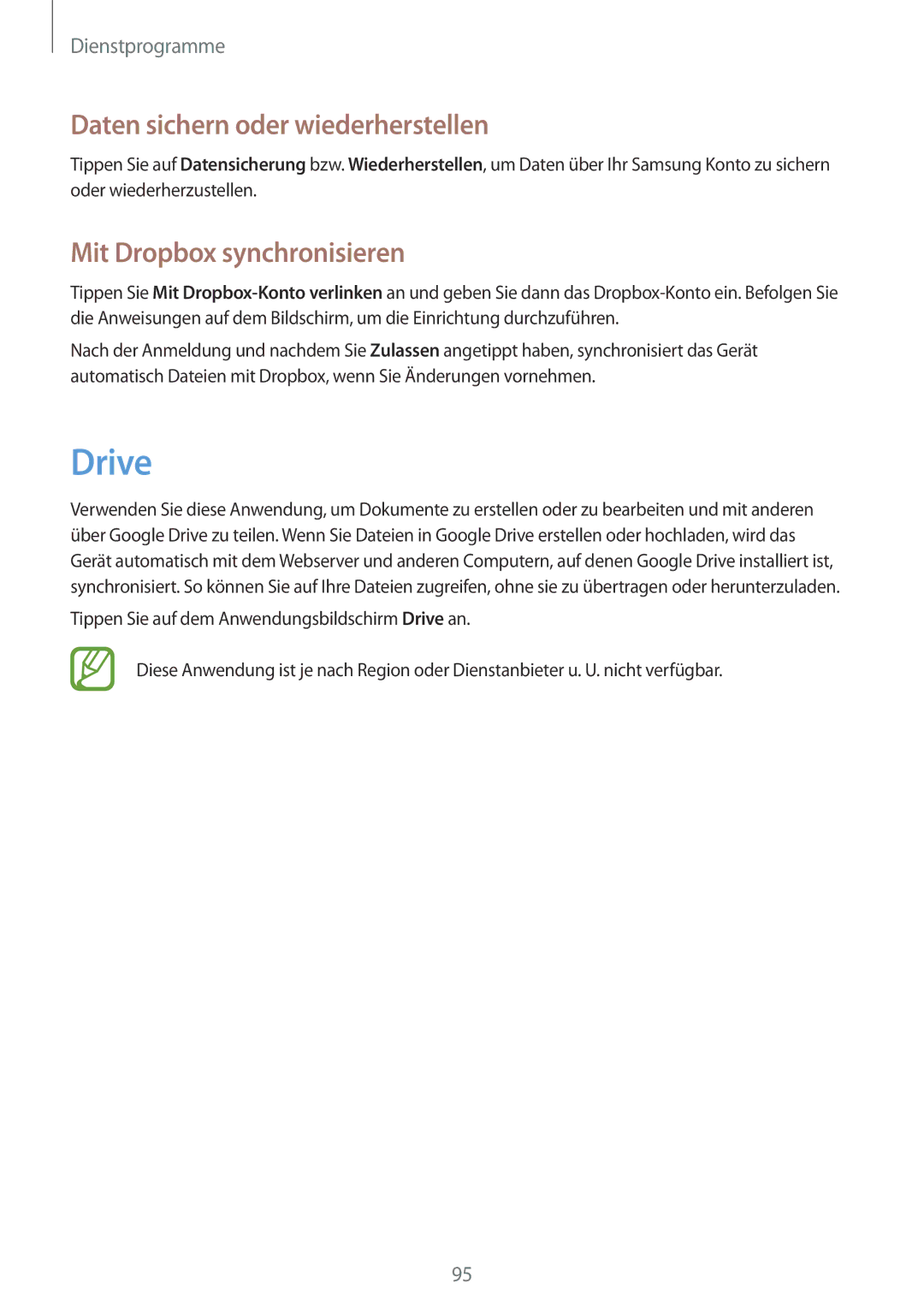 Samsung SM-P6000ZWAXEF, SM-P6000ZWAXEO manual Drive, Daten sichern oder wiederherstellen, Mit Dropbox synchronisieren 