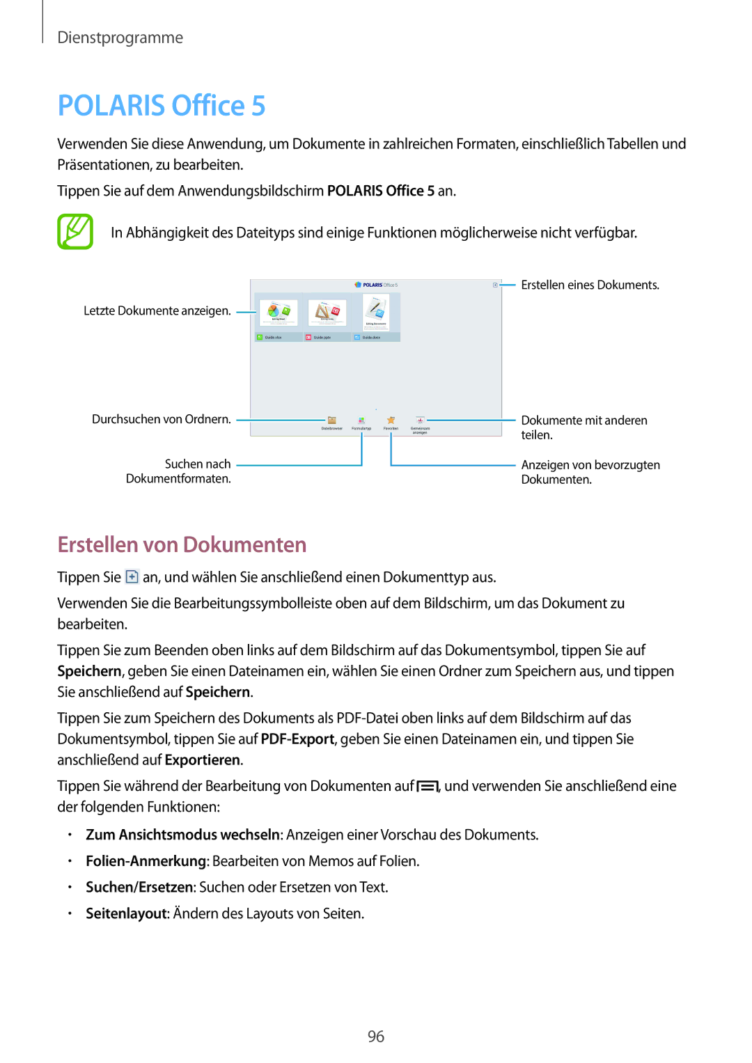 Samsung SM-P6000ZWAXEO, SM-P6000ZKEDBT, SM-P6000ZKAEUR, SM-P6000ZKAATO manual Polaris Office, Erstellen von Dokumenten 