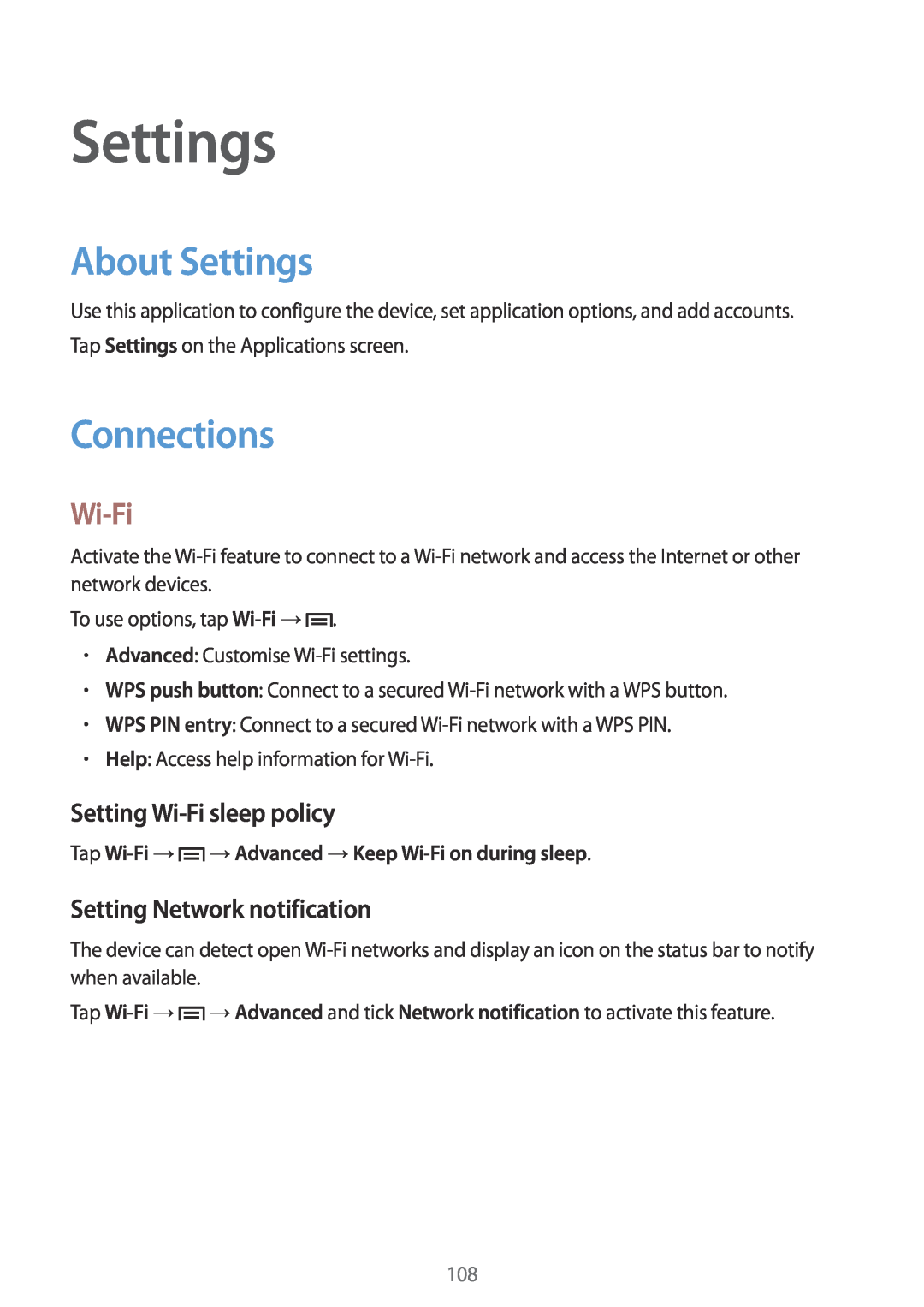 Samsung SM-P6000ZKAXEZ manual About Settings, Connections, Setting Wi-Fi sleep policy, Setting Network notification 