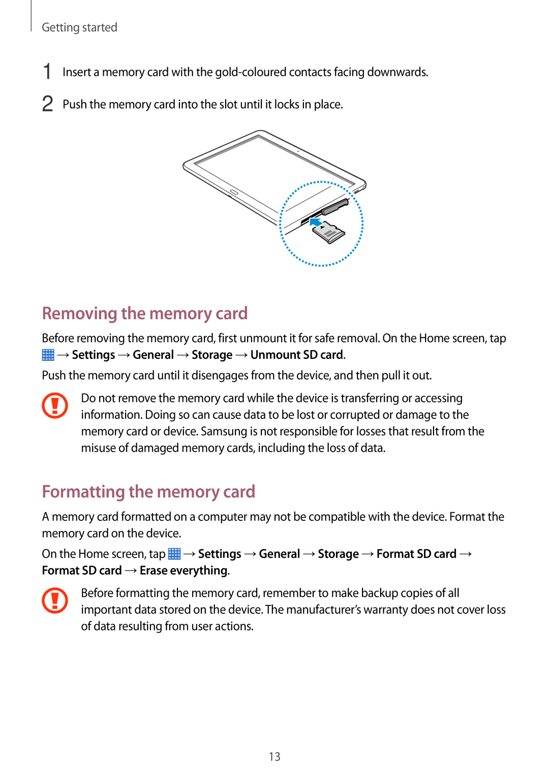 Samsung SM-P6000ZWEDBT Removing the memory card, Formatting the memory card, →Settings →General →Storage →Unmount SD card 