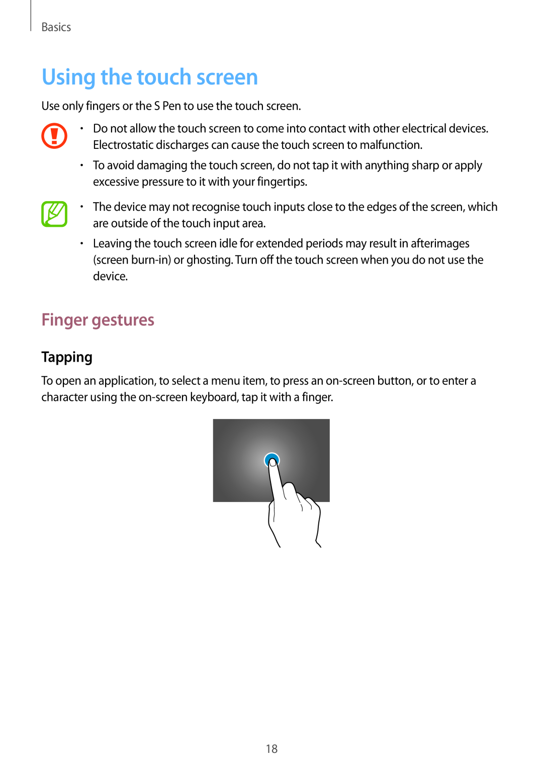 Samsung SM-P6000ZWEPHE, SM-P6000ZWAXEO, SM-P6000ZKEDBT manual Using the touch screen, Finger gestures, Tapping, Basics 