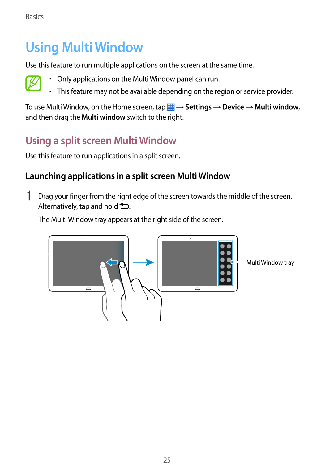 Samsung SM-P6000ZKAROM, SM-P6000ZWAXEO, SM-P6000ZKEDBT manual Using Multi Window, Using a split screen Multi Window, Basics 
