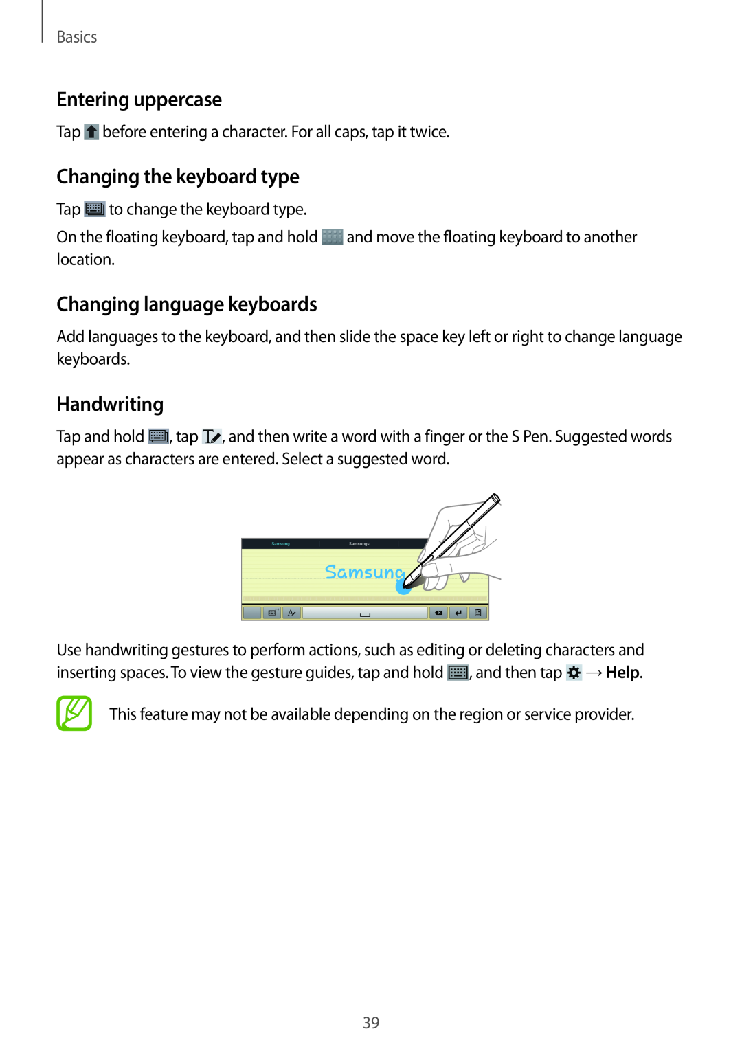 Samsung SM-P6000ZKASEB Entering uppercase, Changing the keyboard type, Changing language keyboards, Handwriting, Basics 