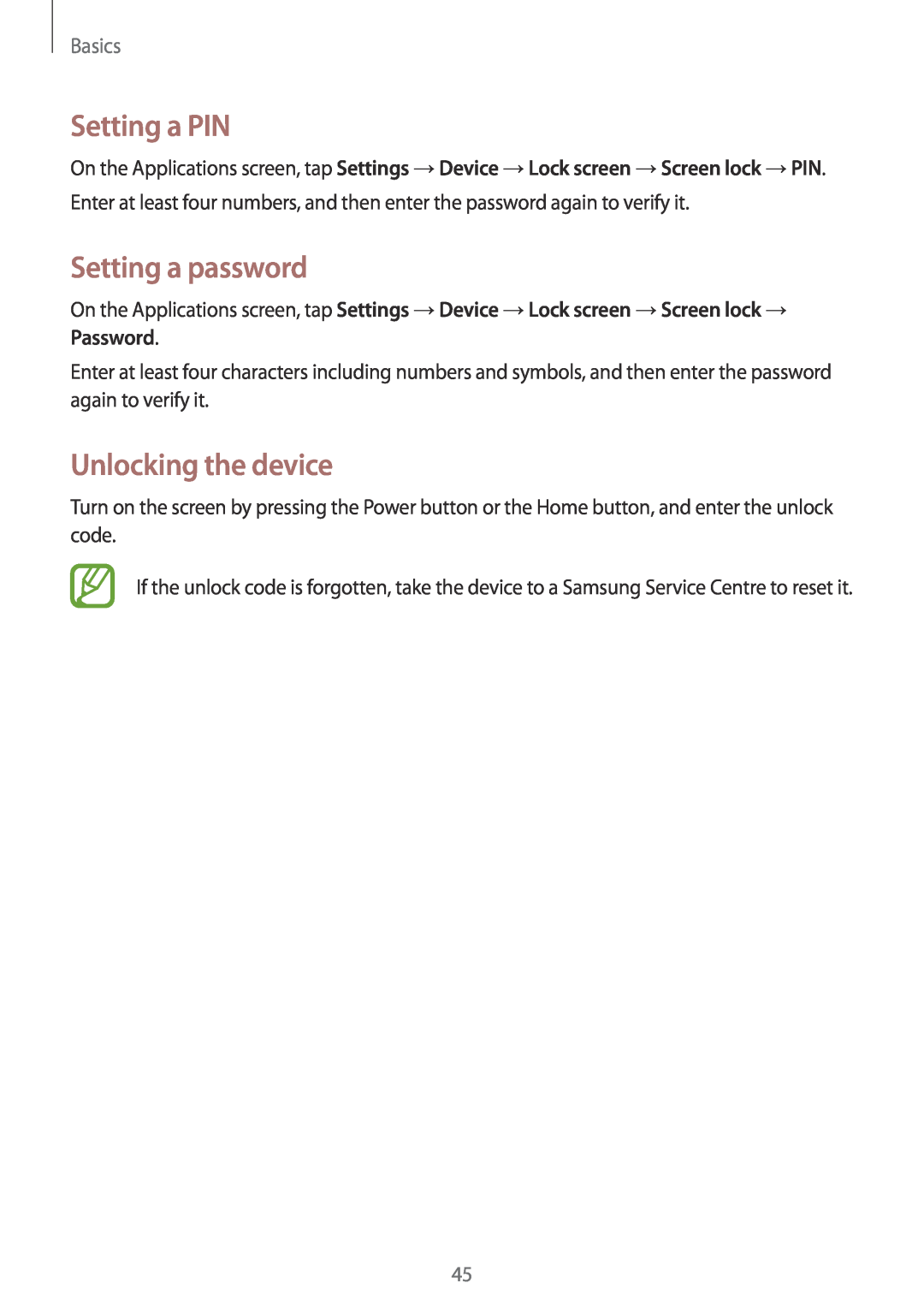 Samsung SM-P6000ZKAEUR, SM-P6000ZWAXEO, SM-P6000ZKEDBT manual Setting a PIN, Setting a password, Unlocking the device, Basics 