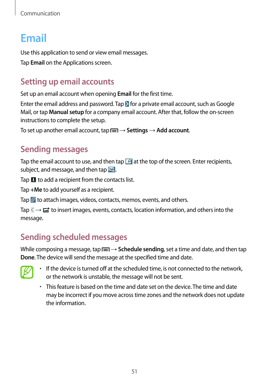 Samsung SM-P6000ZKADBT manual Setting up email accounts, Sending messages, Sending scheduled messages, Communication 