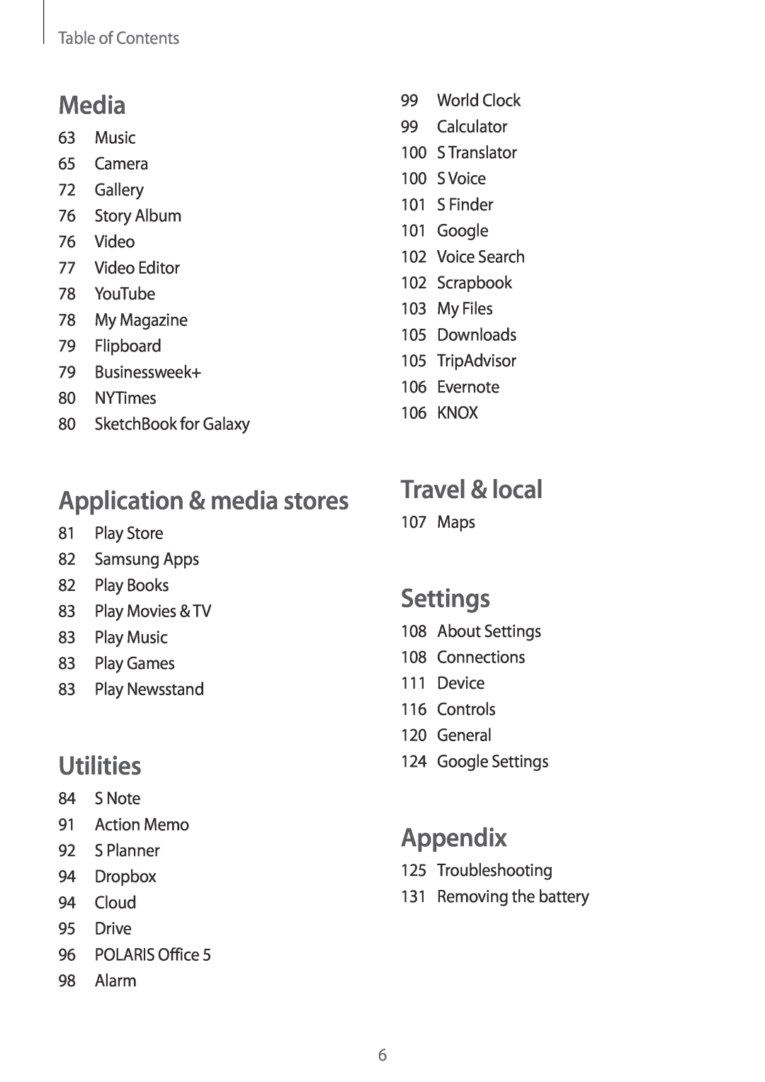 Samsung SM-P6000ZWAEUR Media, Utilities, Travel & local, Settings, Appendix, Table of Contents, Application & media stores 
