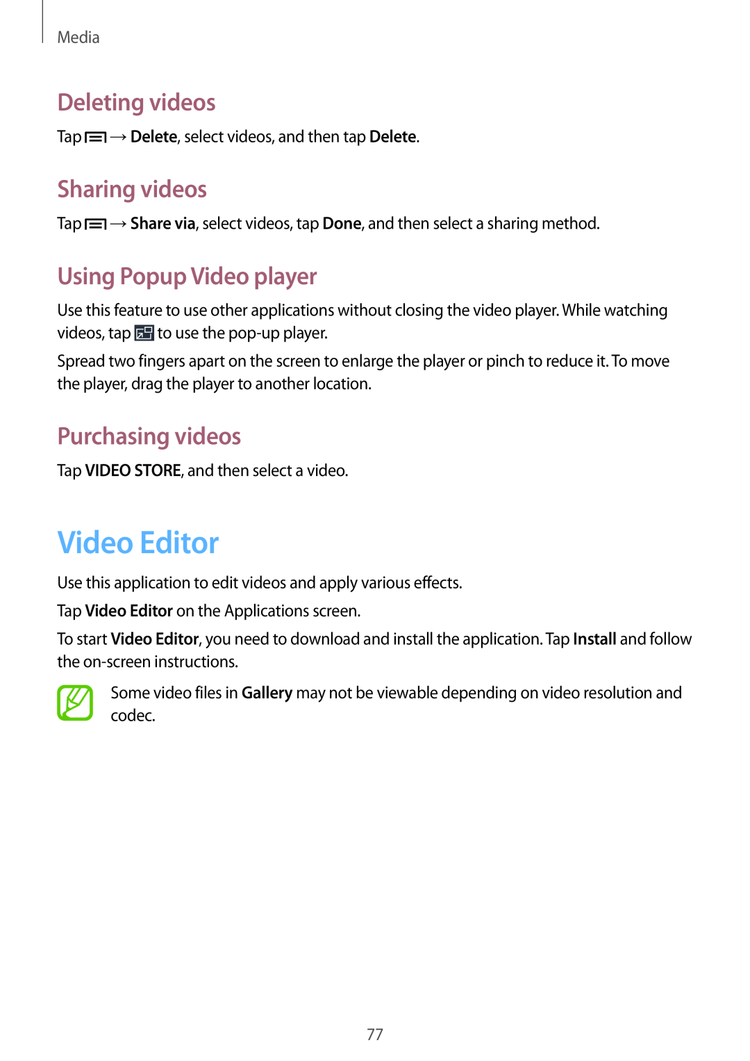 Samsung SM-P6000ZKANEE Video Editor, Deleting videos, Sharing videos, Using Popup Video player, Purchasing videos, Media 