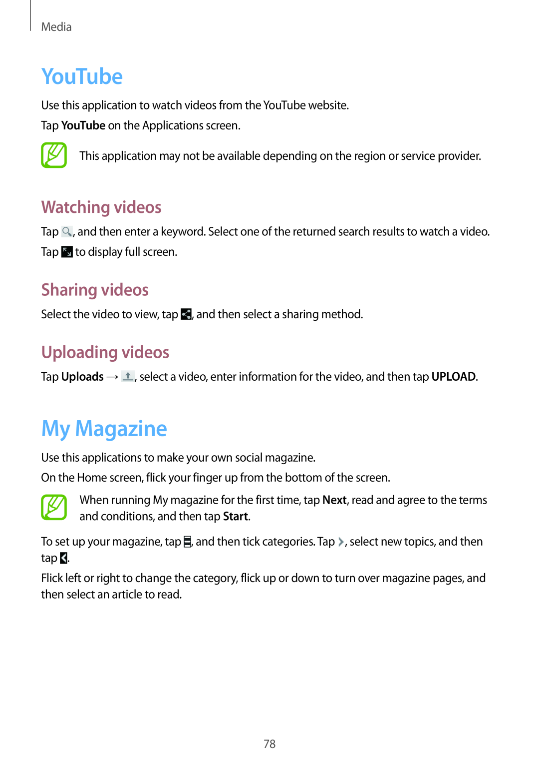 Samsung SM-P6000ZKENEE, SM-P6000ZWAXEO manual YouTube, My Magazine, Watching videos, Uploading videos, Sharing videos, Media 