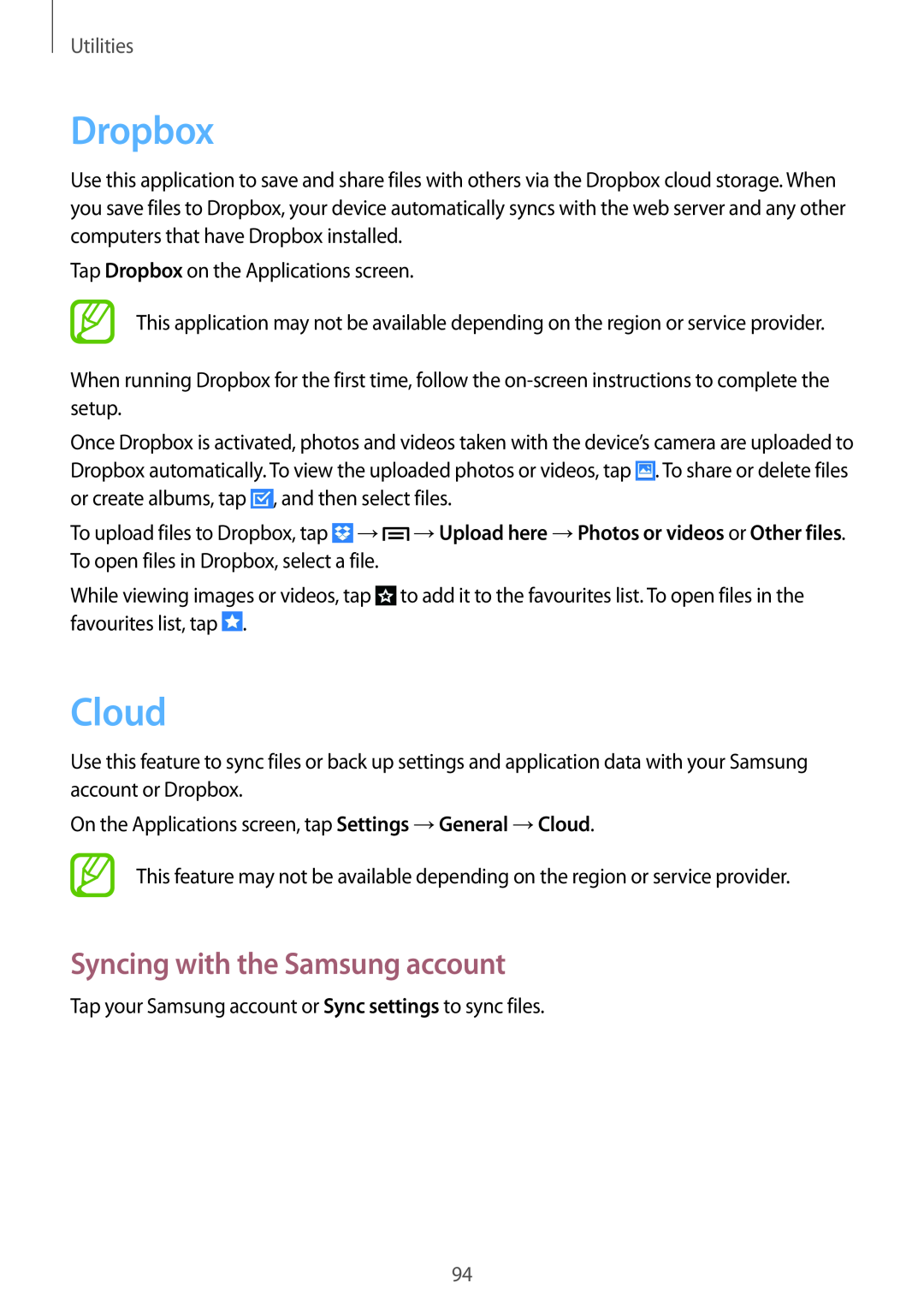 Samsung SM-P6000ZKADBT, SM-P6000ZWAXEO, SM-P6000ZKEDBT manual Dropbox, Cloud, Syncing with the Samsung account, Utilities 