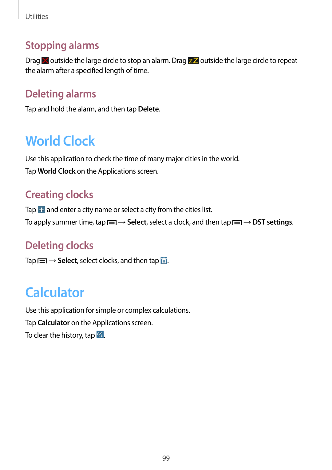Samsung SM-P6000ZWEDBT manual World Clock, Calculator, Stopping alarms, Deleting alarms, Creating clocks, Deleting clocks 