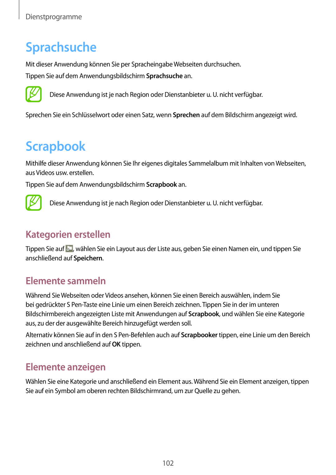 Samsung SM-P6000ZWAEUR Sprachsuche, Scrapbook, Kategorien erstellen, Elemente sammeln, Elemente anzeigen, Dienstprogramme 