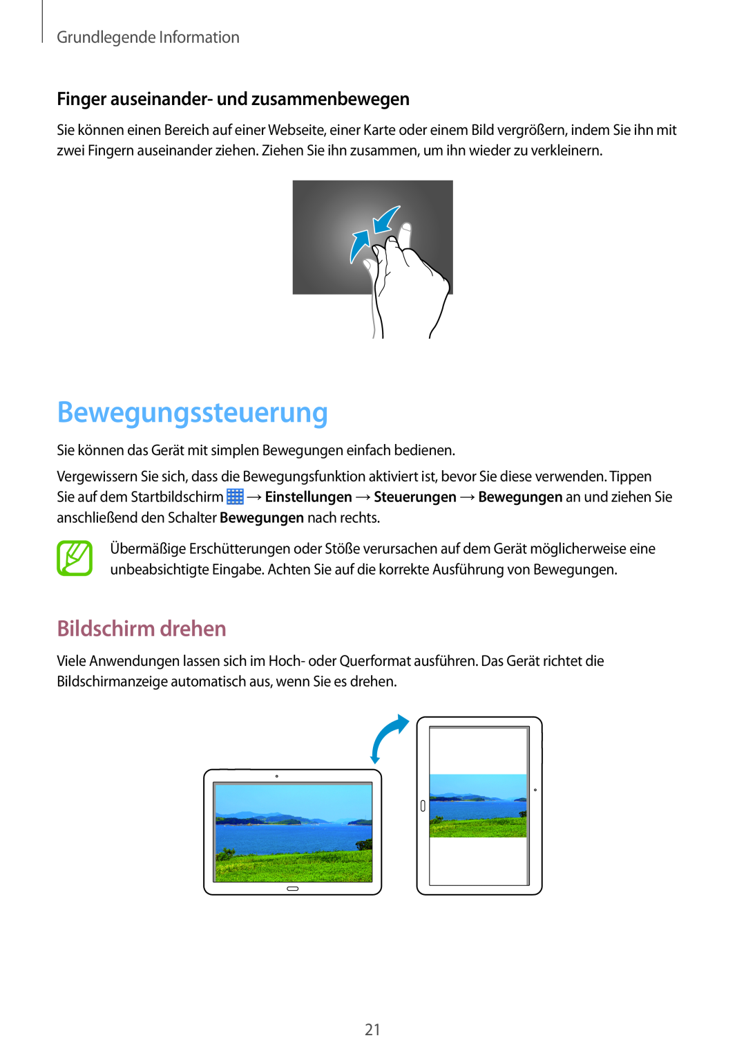 Samsung SM-P6000ZWATPH, SM-P6000ZWAXEO manual Bewegungssteuerung, Bildschirm drehen, Finger auseinander- und zusammenbewegen 
