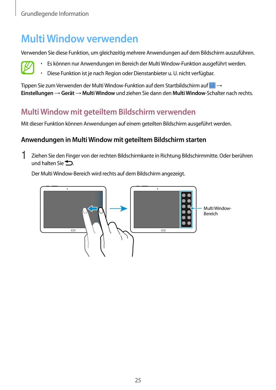 Samsung SM-P6000ZWADBT Multi Window verwenden, Multi Window mit geteiltem Bildschirm verwenden, Grundlegende Information 