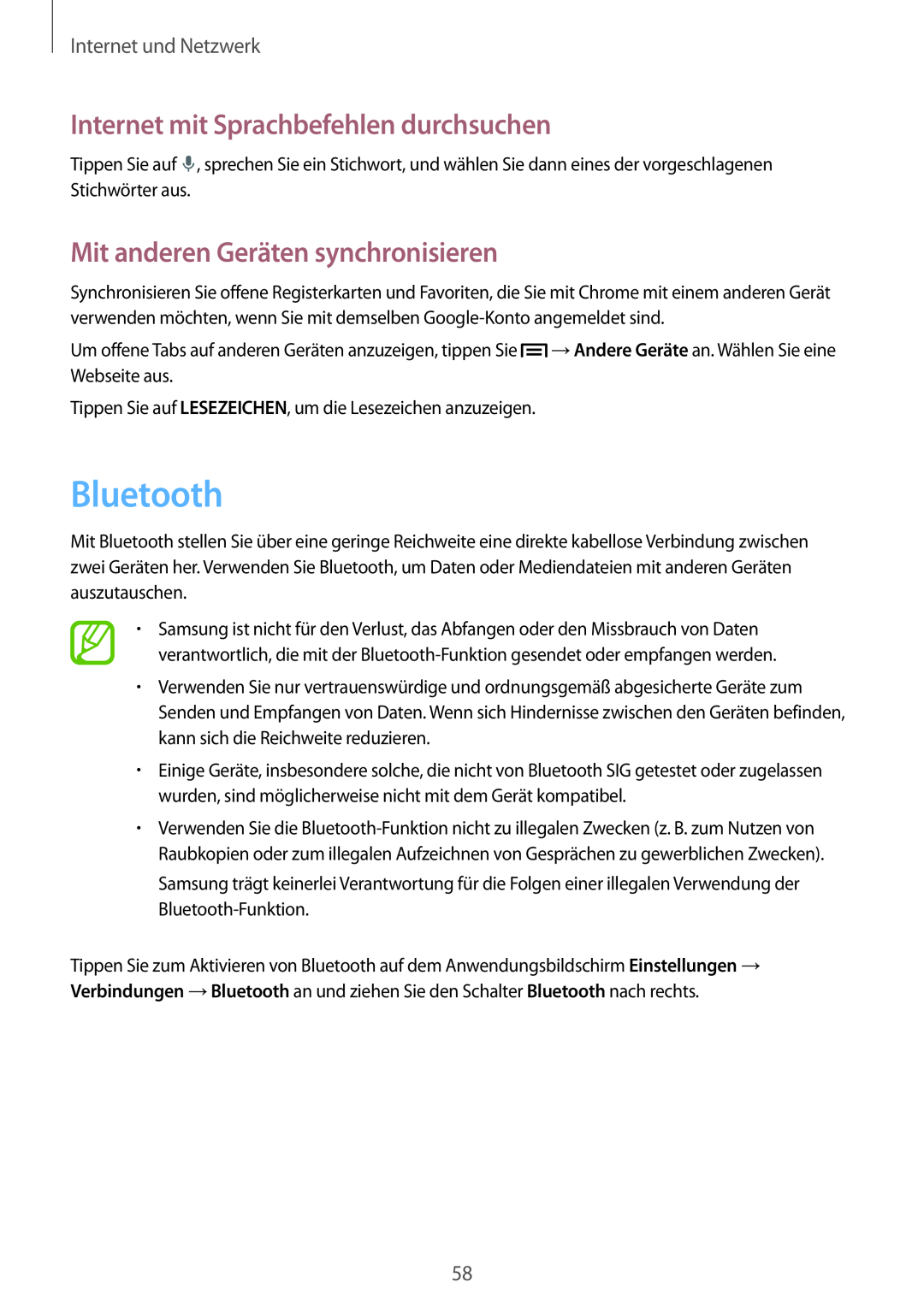 Samsung SM-P6000ZWATUR manual Bluetooth, Mit anderen Geräten synchronisieren, Internet mit Sprachbefehlen durchsuchen 