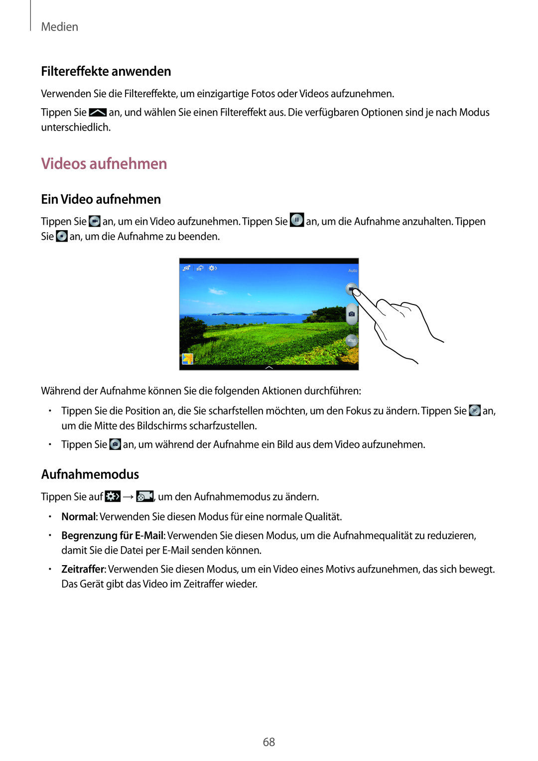 Samsung SM-P6000ZWEATO manual Videos aufnehmen, Filtereffekte anwenden, Ein Video aufnehmen, Aufnahmemodus, Medien 
