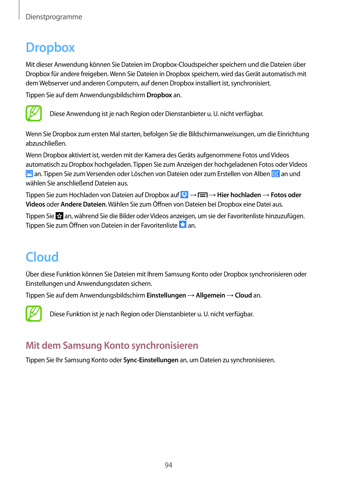 Samsung SM-P6000ZKAXEF, SM-P6000ZWAXEO manual Dropbox, Cloud, Mit dem Samsung Konto synchronisieren, Dienstprogramme 