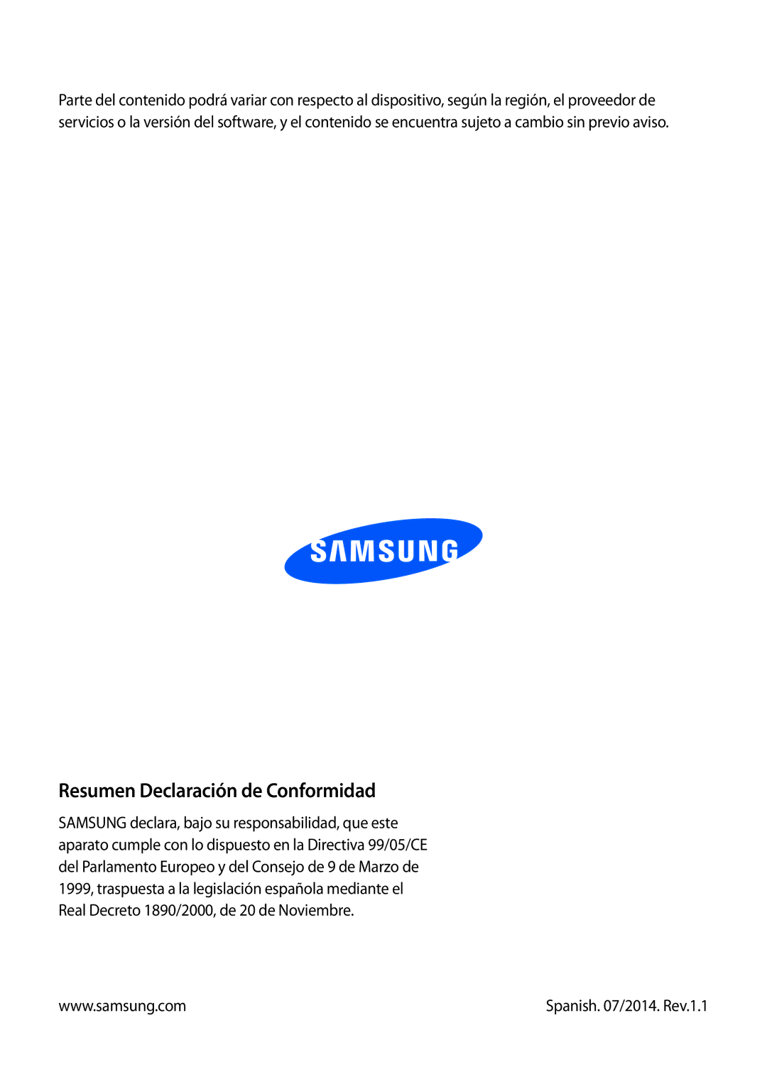 Samsung SM-P6000ZWEXEH, SM-P6000ZWAXEO, SM-P6000ZWATPH, SM-P6000ZKADBT, SM-P6000ZWADBT Resumen Declaración de Conformidad 