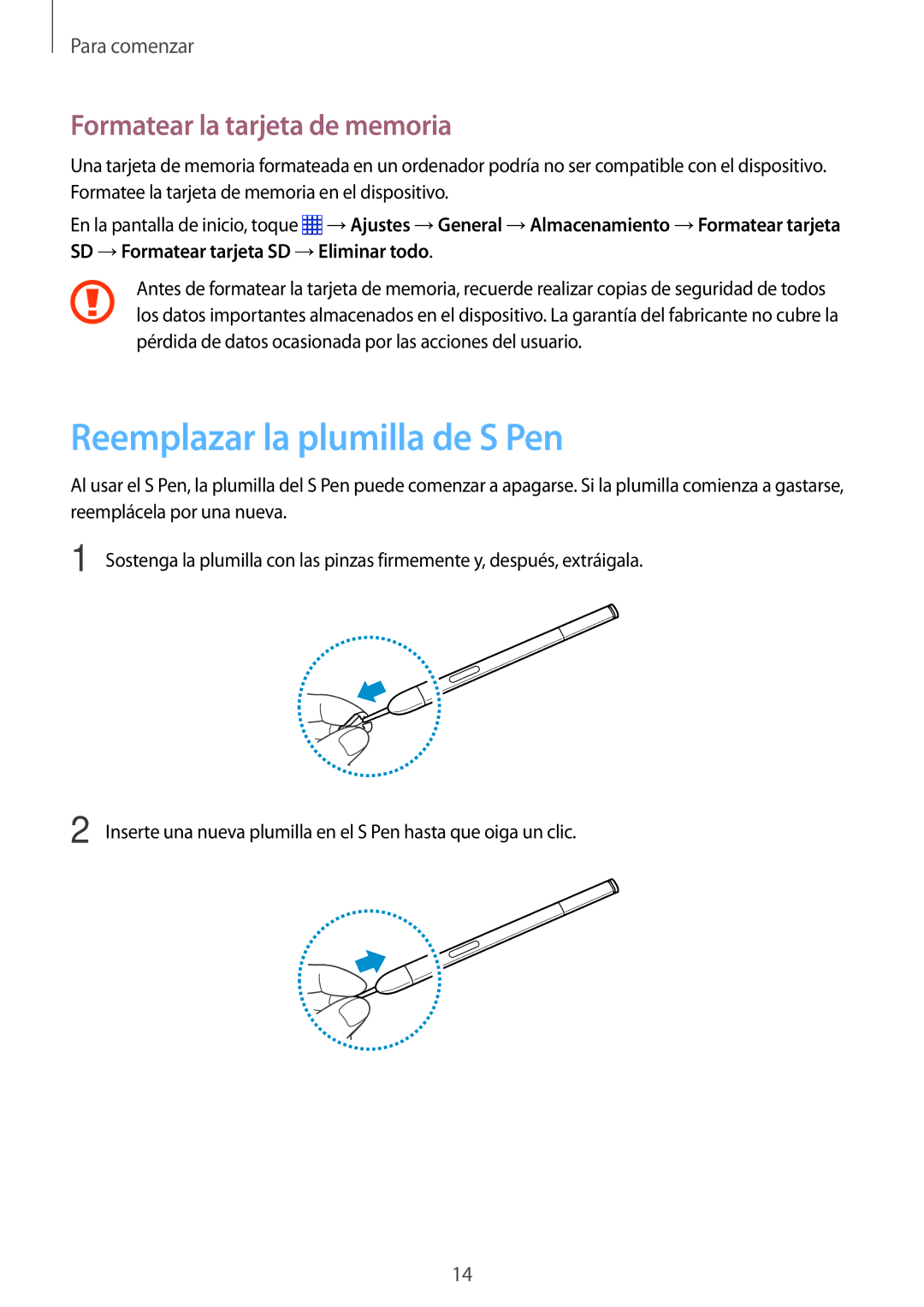 Samsung SM-P6000ZKADBT, SM-P6000ZWAXEO, SM-P6000ZWATPH Reemplazar la plumilla de S Pen, Formatear la tarjeta de memoria 