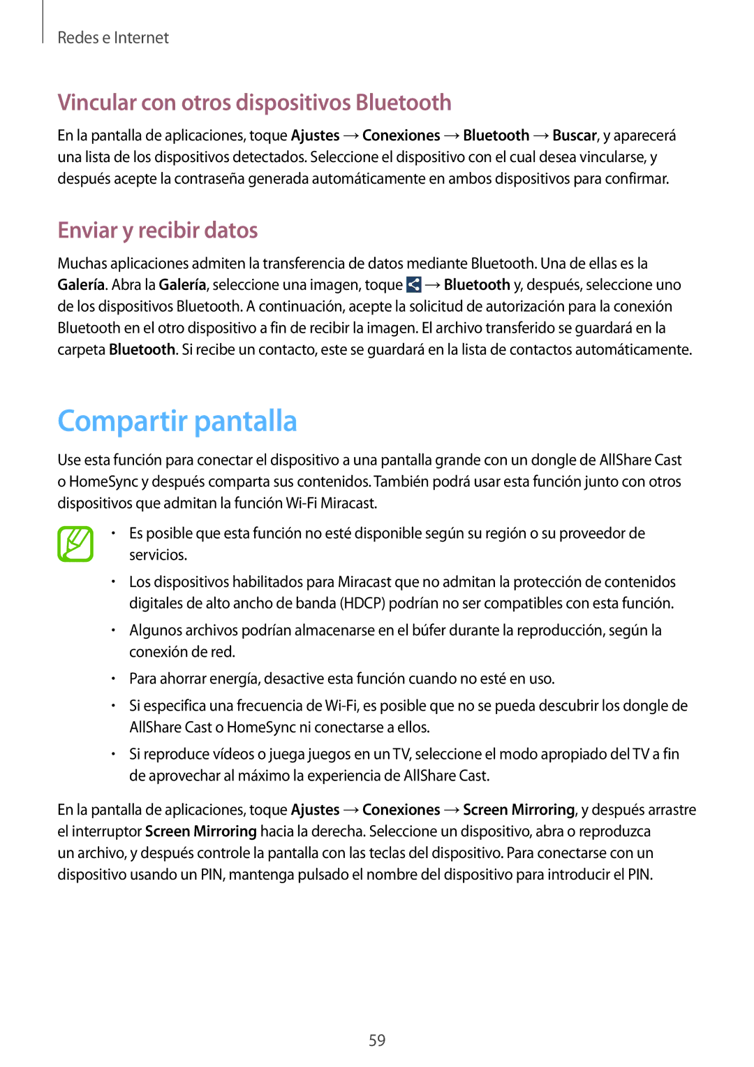 Samsung SM-P6000ZKAXEZ manual Compartir pantalla, Vincular con otros dispositivos Bluetooth, Enviar y recibir datos 