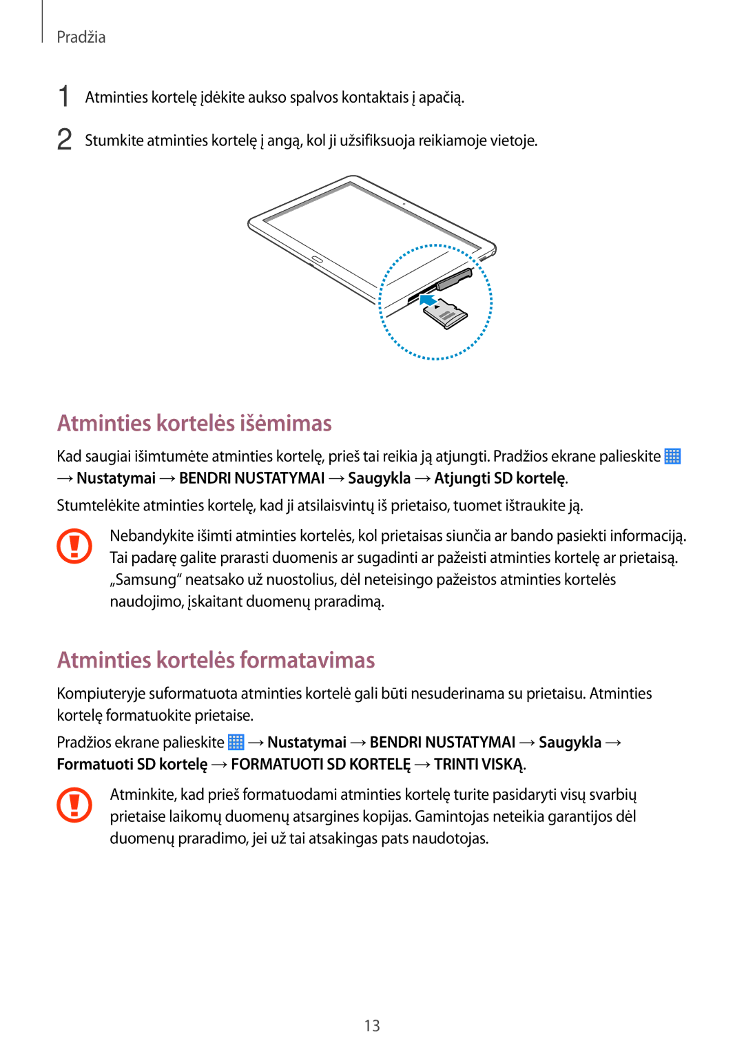 Samsung SM-P6000ZKASEB, SM-P6000ZWESEB, SM-P6000ZWASEB manual Atminties kortelės išėmimas, Atminties kortelės formatavimas 