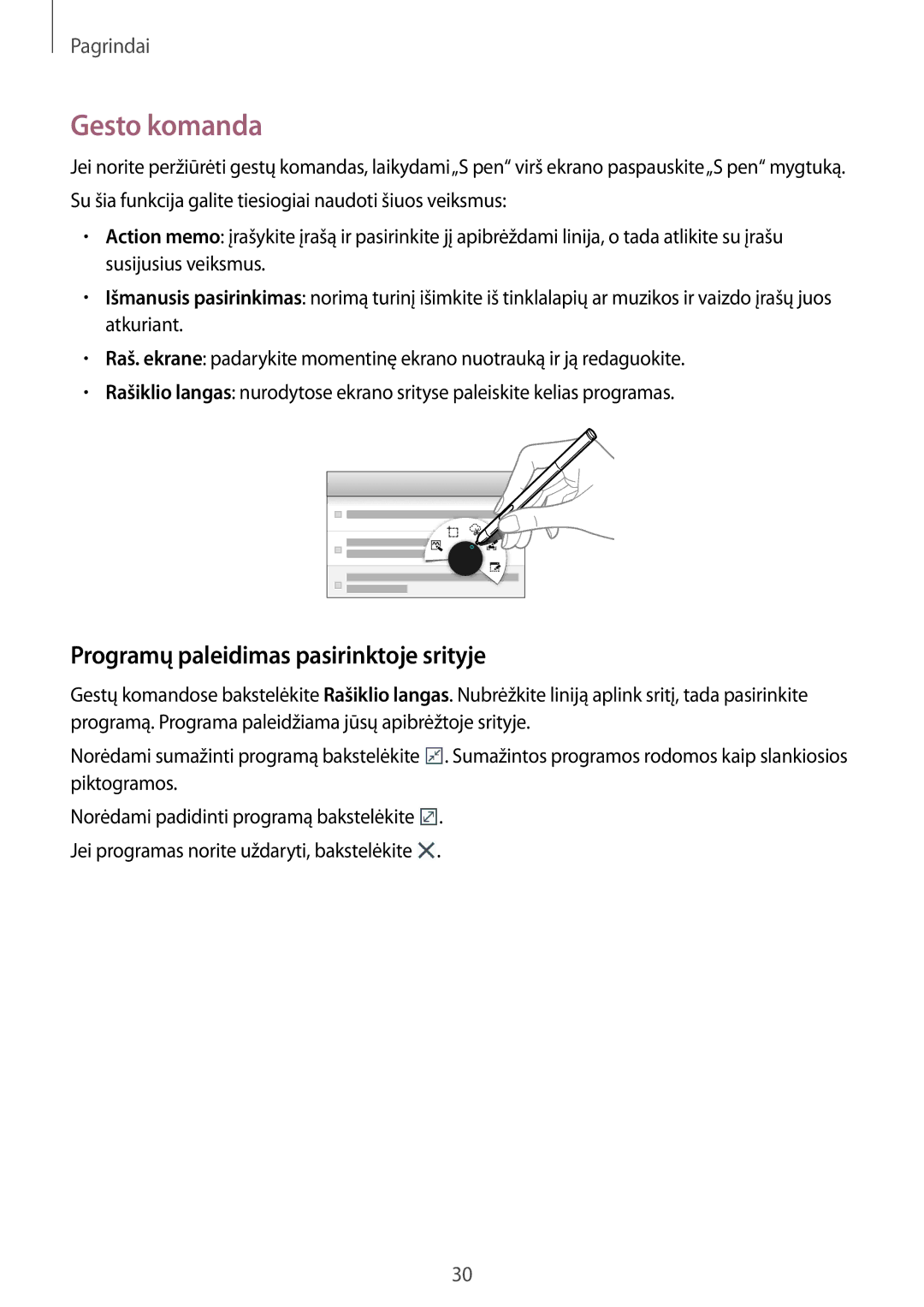 Samsung SM-P6000ZWASEB, SM-P6000ZWESEB, SM-P6000ZKASEB manual Gesto komanda, Programų paleidimas pasirinktoje srityje 