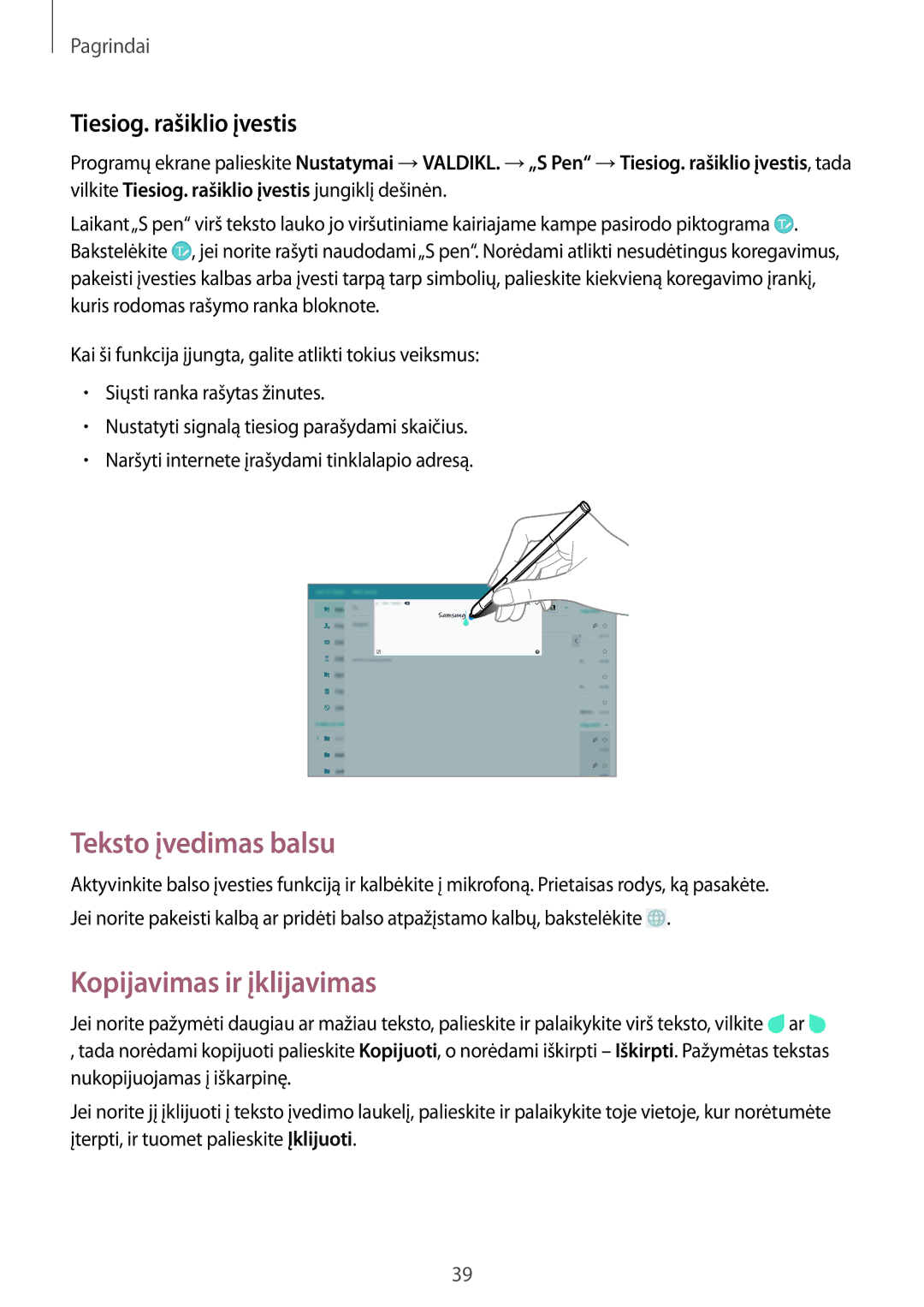 Samsung SM-P6000ZKESEB, SM-P6000ZWESEB manual Teksto įvedimas balsu, Kopijavimas ir įklijavimas, Tiesiog. rašiklio įvestis 