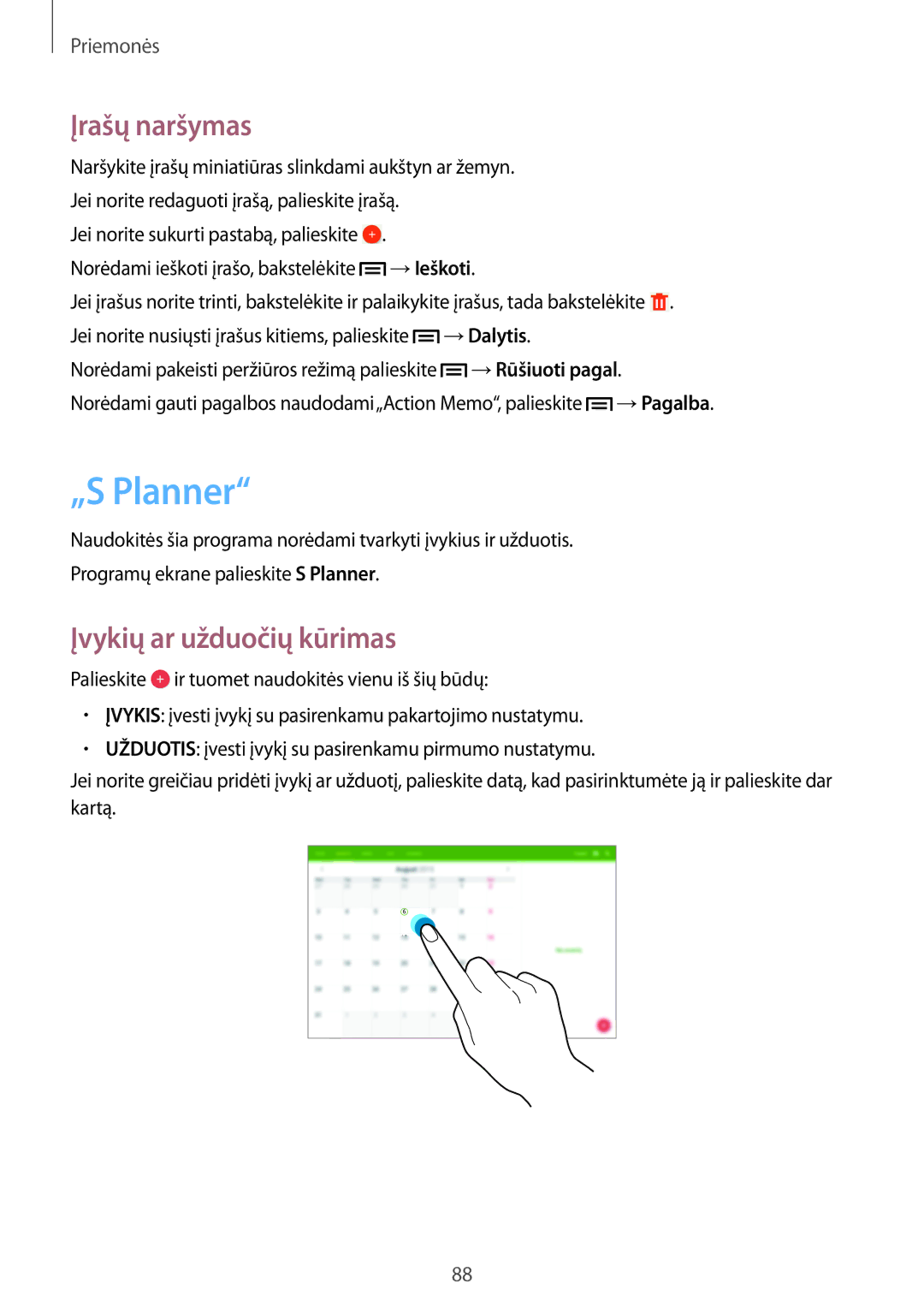 Samsung SM-P6000ZWESEB, SM-P6000ZKASEB, SM-P6000ZWASEB manual „S Planner, Įrašų naršymas, Įvykių ar užduočių kūrimas 