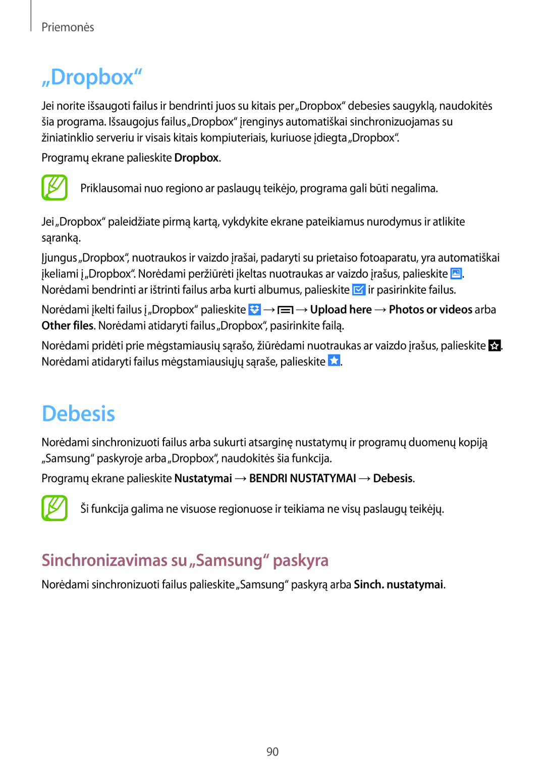 Samsung SM-P6000ZWASEB, SM-P6000ZWESEB, SM-P6000ZKASEB manual „Dropbox, Debesis, Sinchronizavimas su„Samsung paskyra 