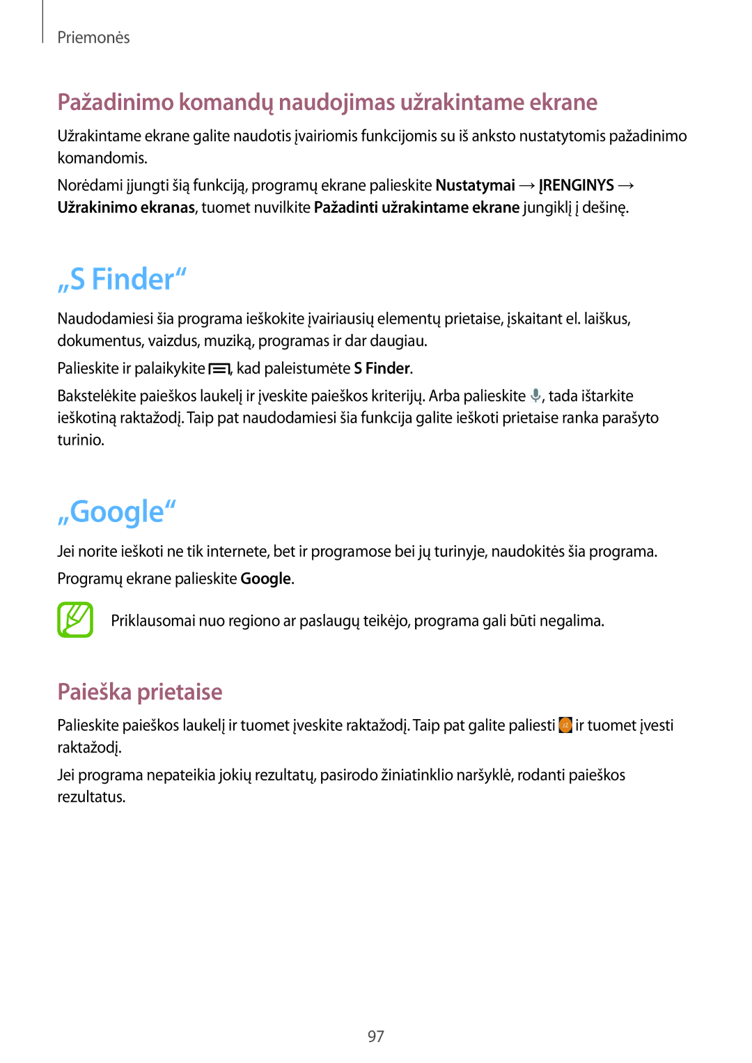 Samsung SM-P6000ZKASEB manual „S Finder, „Google, Pažadinimo komandų naudojimas užrakintame ekrane, Paieška prietaise 