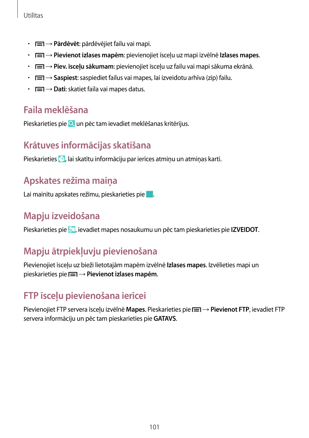 Samsung SM-P6000ZKASEB manual Faila meklēšana, Krātuves informācijas skatīšana, Apskates režīma maiņa, Mapju izveidošana 