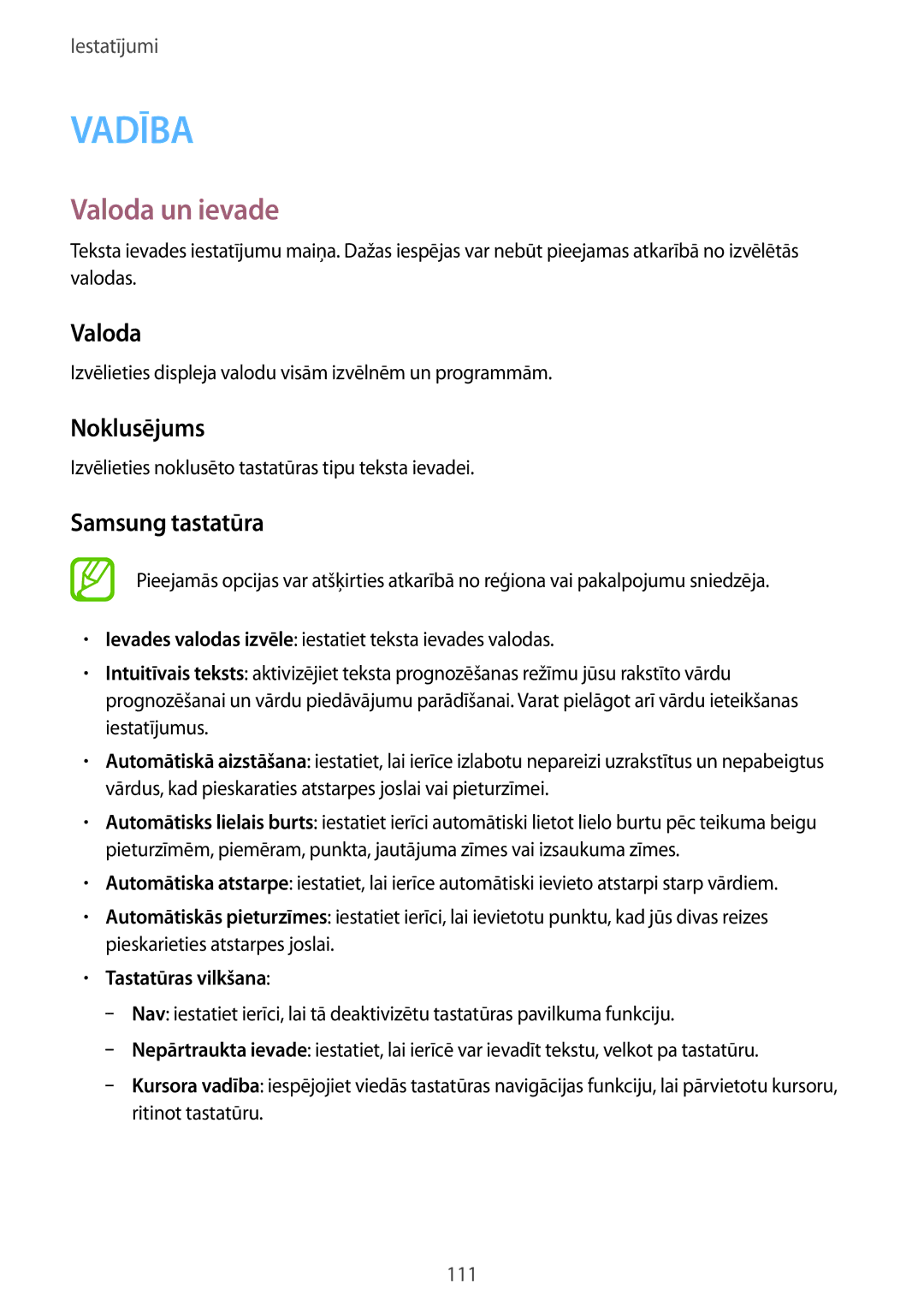 Samsung SM-P6000ZKESEB, SM-P6000ZWESEB manual Valoda un ievade, Noklusējums, Samsung tastatūra, Tastatūras vilkšana 