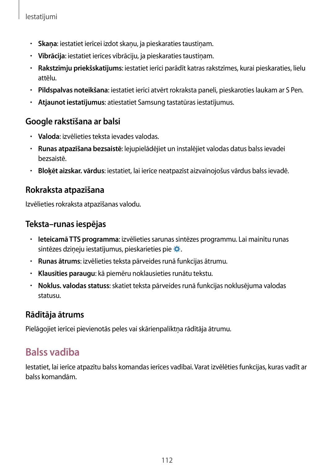 Samsung SM-P6000ZWESEB manual Balss vadība, Google rakstīšana ar balsi, Rokraksta atpazīšana, Teksta-runas iespējas 