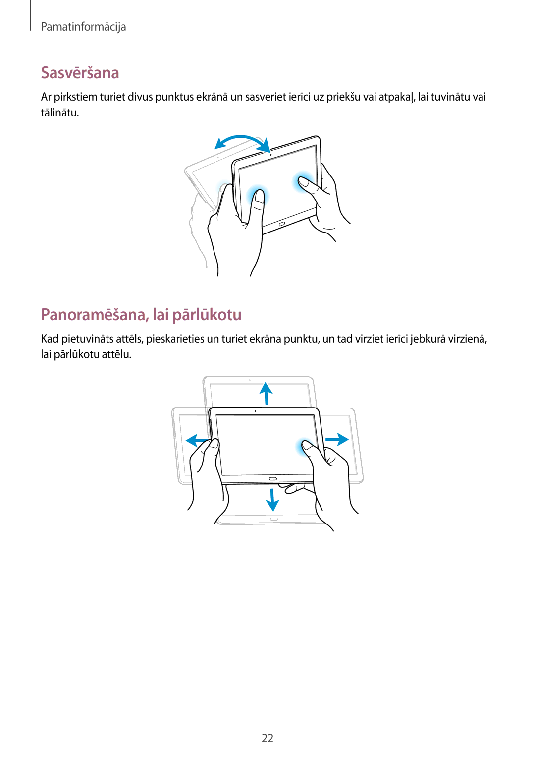 Samsung SM-P6000ZWASEB, SM-P6000ZWESEB, SM-P6000ZKASEB, SM-P6000ZKESEB manual Sasvēršana, Panoramēšana, lai pārlūkotu 