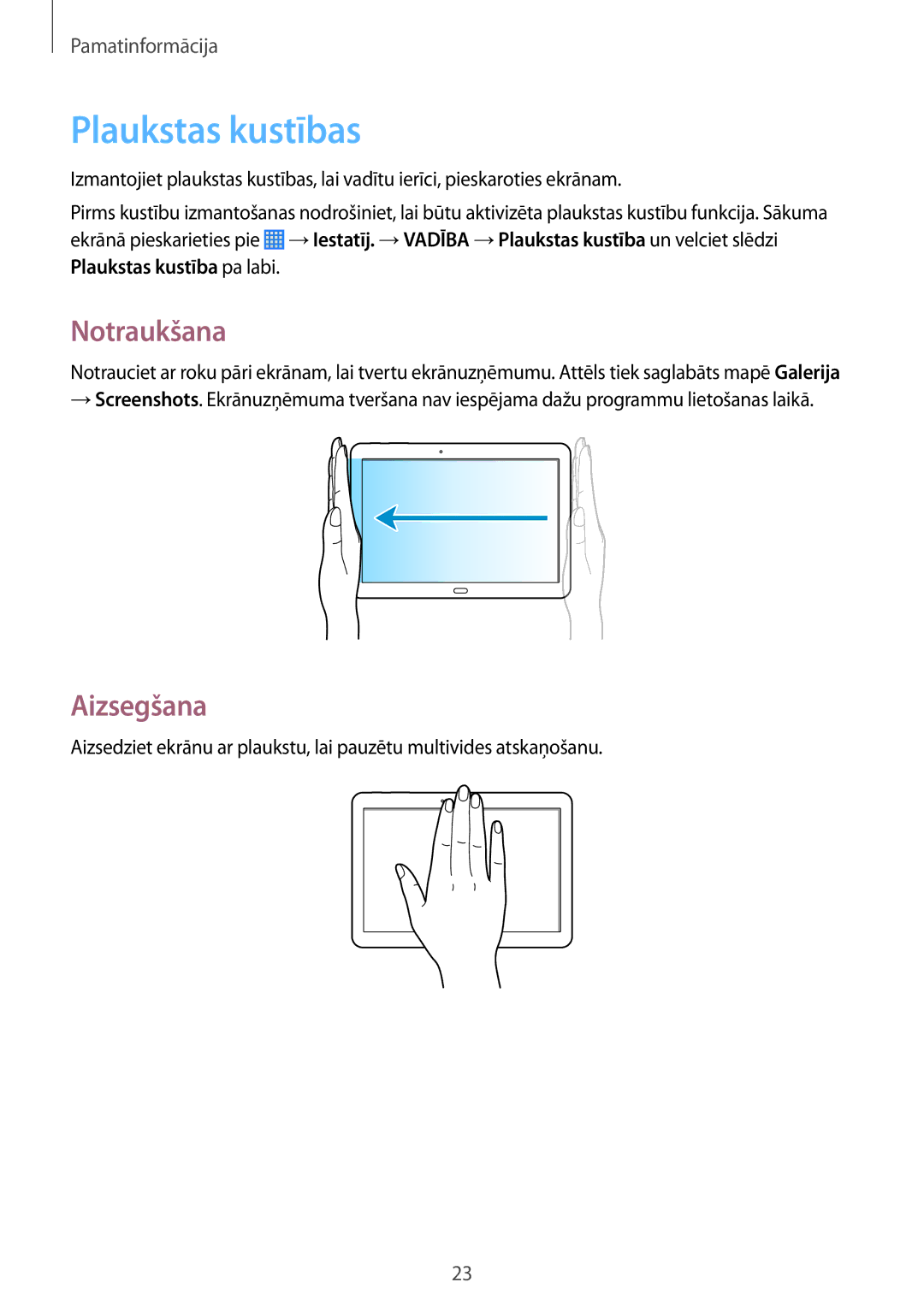 Samsung SM-P6000ZKESEB, SM-P6000ZWESEB manual Plaukstas kustības, Notraukšana, Aizsegšana, Plaukstas kustība pa labi 