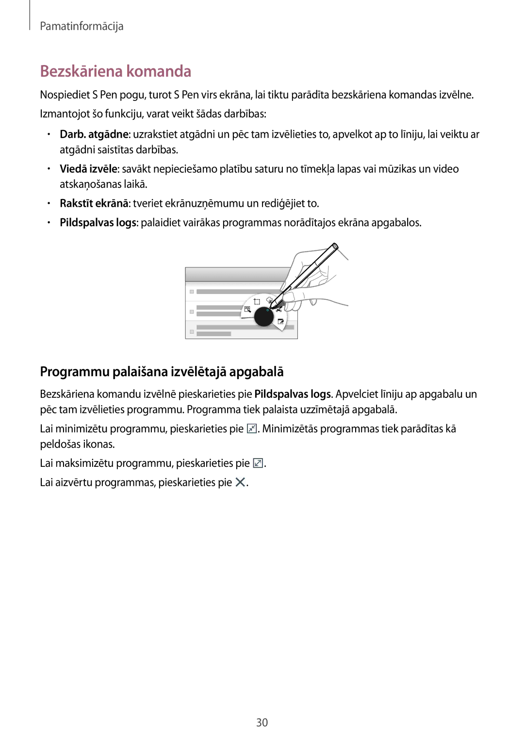 Samsung SM-P6000ZWASEB, SM-P6000ZWESEB, SM-P6000ZKASEB manual Bezskāriena komanda, Programmu palaišana izvēlētajā apgabalā 