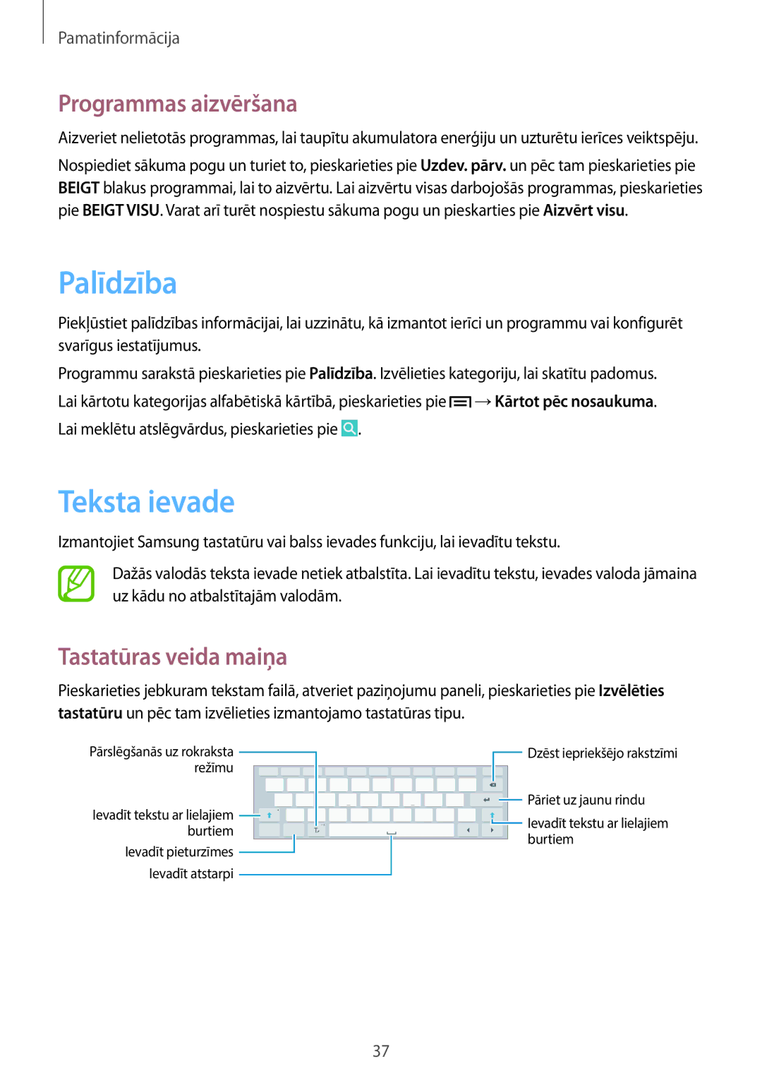 Samsung SM-P6000ZKASEB, SM-P6000ZWESEB manual Palīdzība, Teksta ievade, Programmas aizvēršana, Tastatūras veida maiņa 