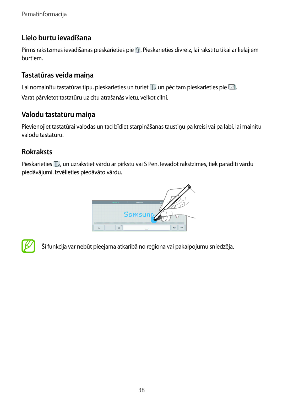 Samsung SM-P6000ZWASEB, SM-P6000ZWESEB Lielo burtu ievadīšana, Tastatūras veida maiņa, Valodu tastatūru maiņa, Rokraksts 