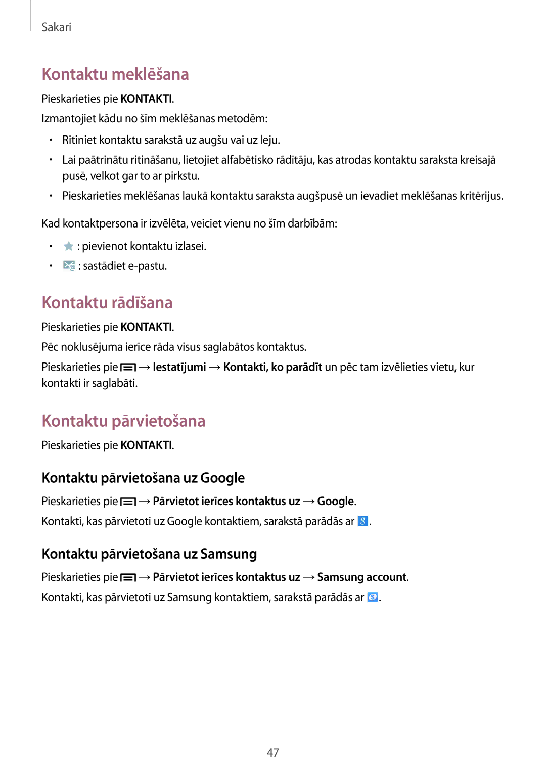 Samsung SM-P6000ZKESEB, SM-P6000ZWESEB manual Kontaktu meklēšana, Kontaktu rādīšana, Kontaktu pārvietošana uz Google 