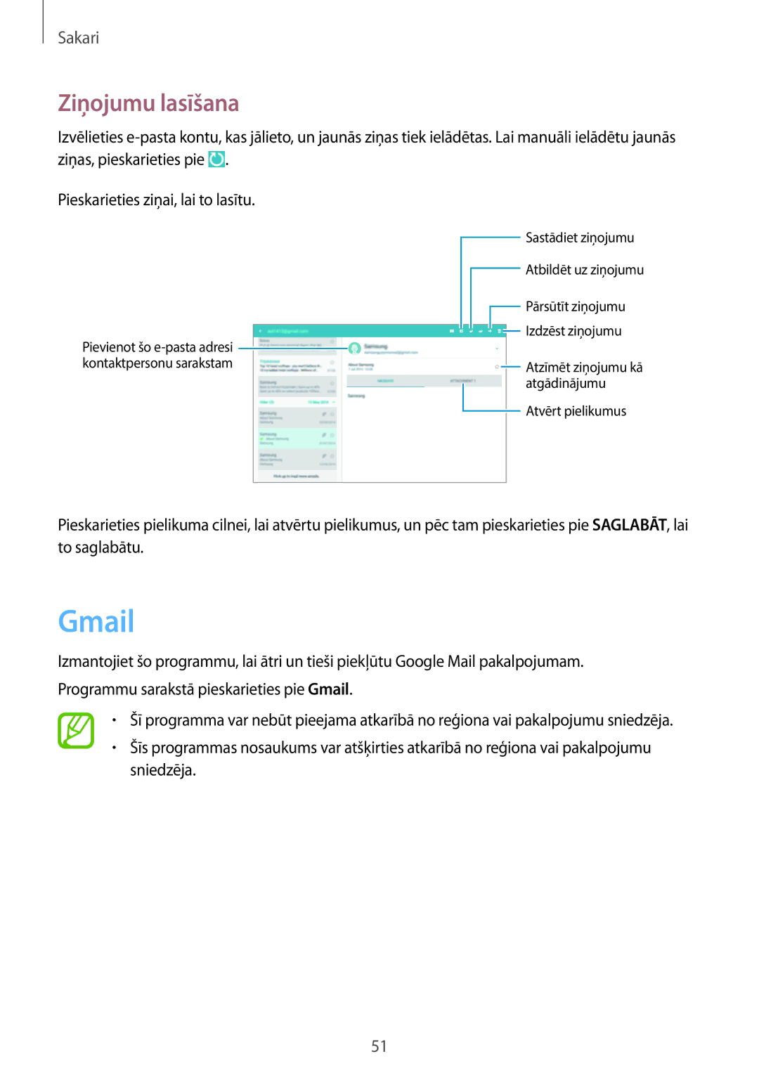 Samsung SM-P6000ZKESEB, SM-P6000ZWESEB, SM-P6000ZKASEB, SM-P6000ZWASEB manual Gmail, Ziņojumu lasīšana 