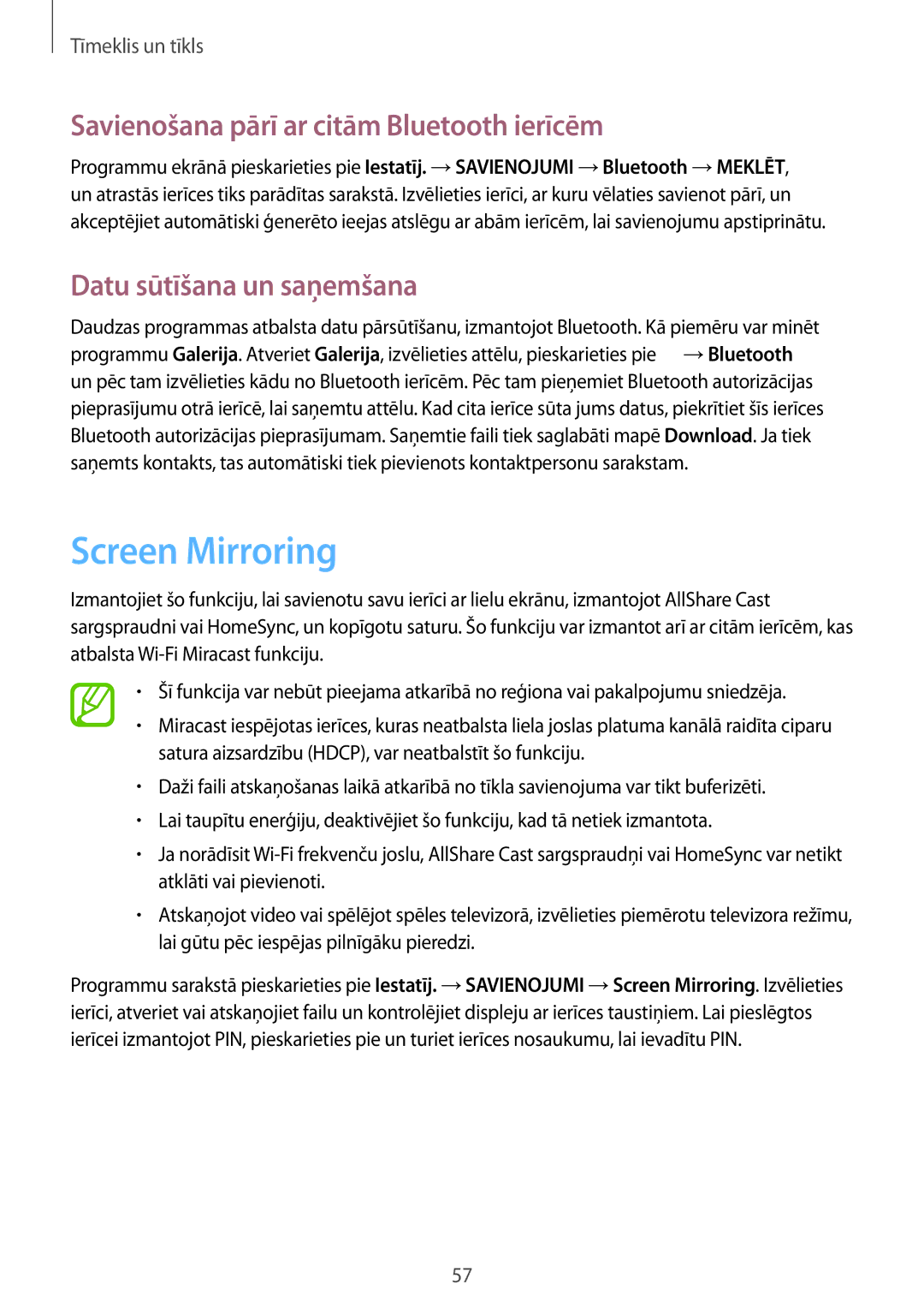 Samsung SM-P6000ZKASEB manual Screen Mirroring, Savienošana pārī ar citām Bluetooth ierīcēm, Datu sūtīšana un saņemšana 