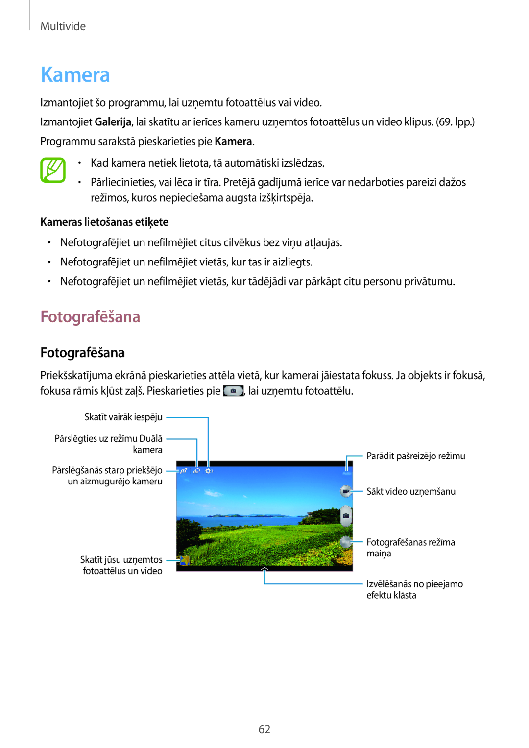 Samsung SM-P6000ZWASEB, SM-P6000ZWESEB, SM-P6000ZKASEB, SM-P6000ZKESEB manual Fotografēšana, Kameras lietošanas etiķete 