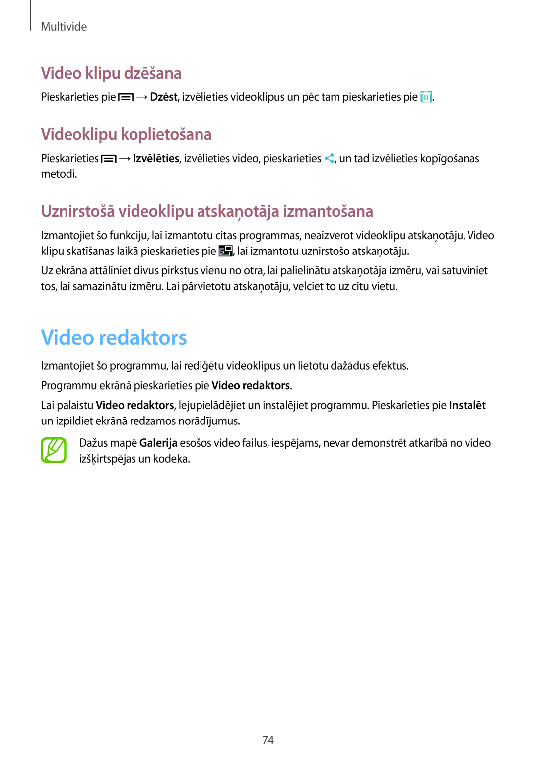 Samsung SM-P6000ZWASEB, SM-P6000ZWESEB, SM-P6000ZKASEB manual Video redaktors, Video klipu dzēšana, Videoklipu koplietošana 