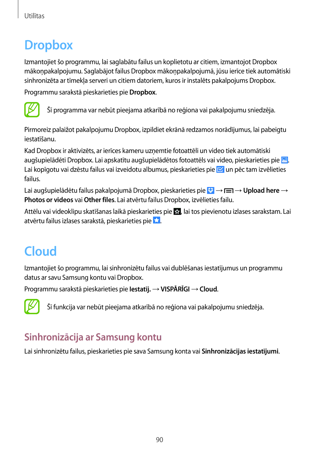 Samsung SM-P6000ZWASEB, SM-P6000ZWESEB, SM-P6000ZKASEB, SM-P6000ZKESEB manual Dropbox, Cloud, Sinhronizācija ar Samsung kontu 