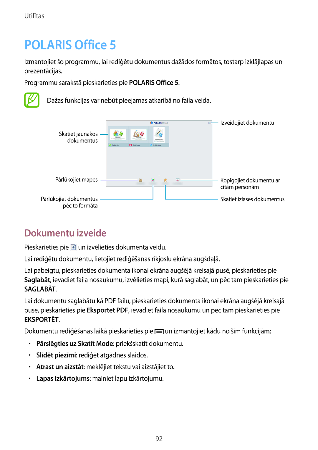 Samsung SM-P6000ZWESEB manual Polaris Office, Dokumentu izveide, Pārslēgties uz Skatīt Mode priekšskatīt dokumentu 